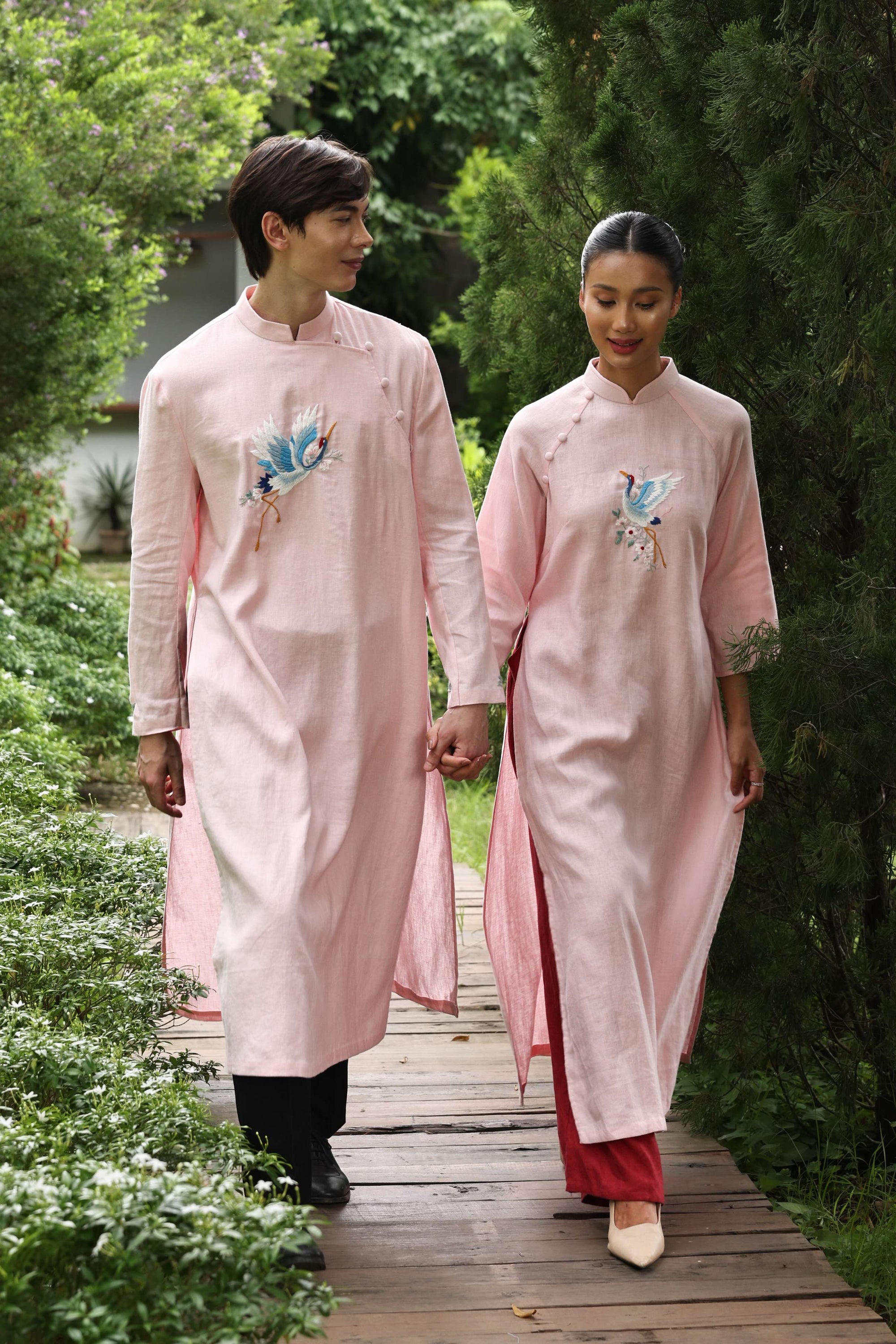 Hand-embroidered ao dai couple set