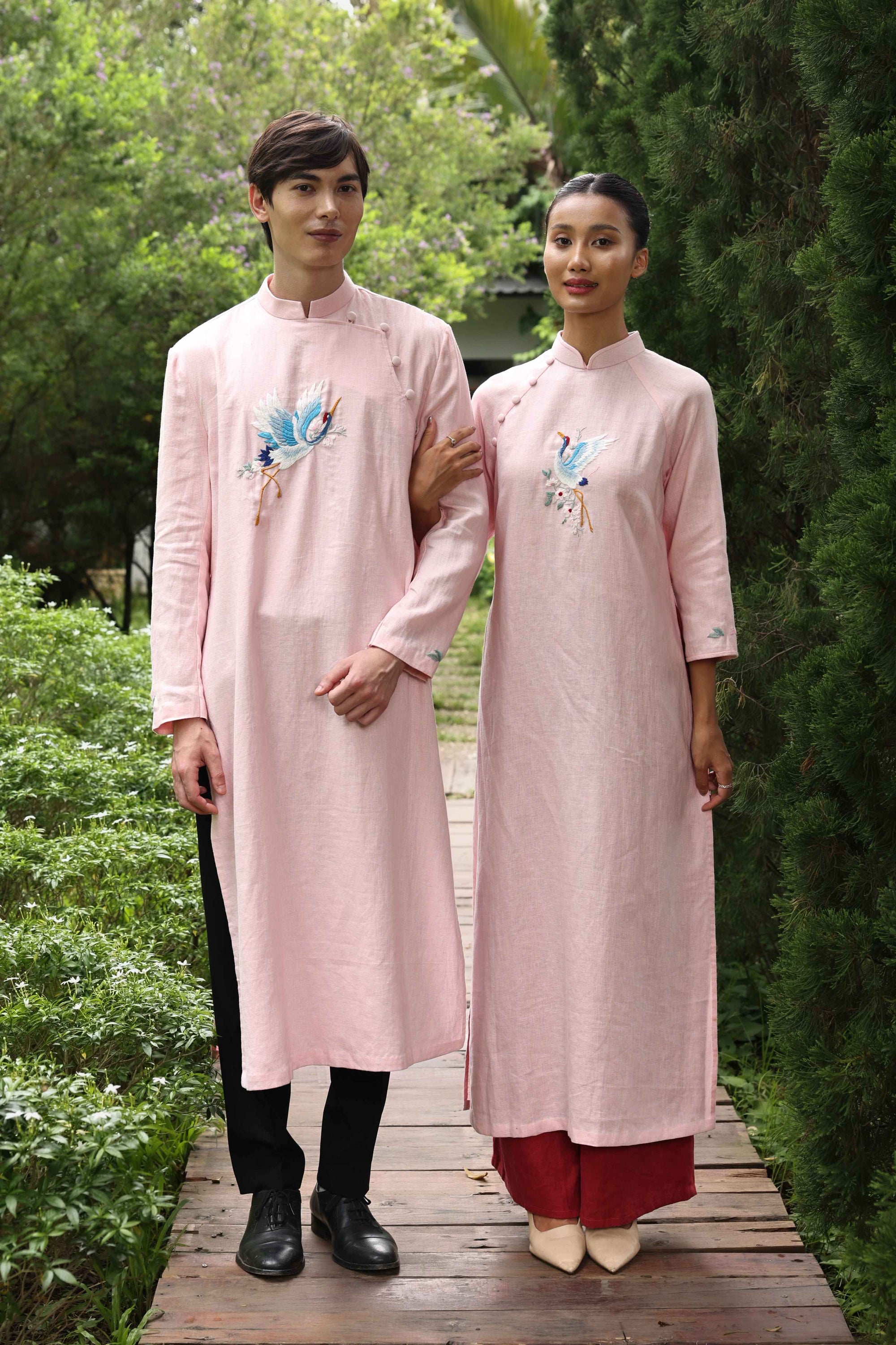 Hand-embroidered ao dai couple set