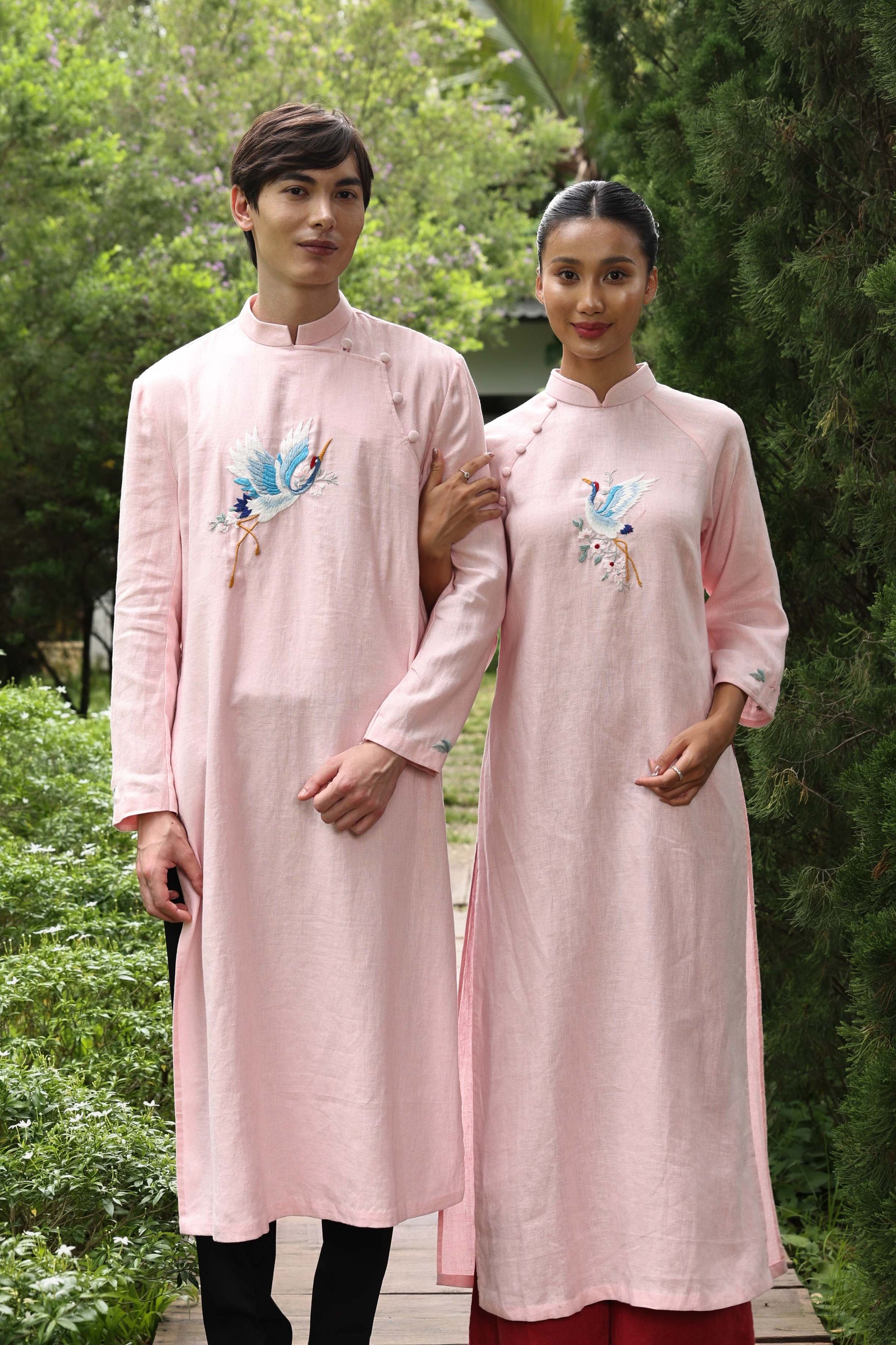Hand-embroidered ao dai couple set