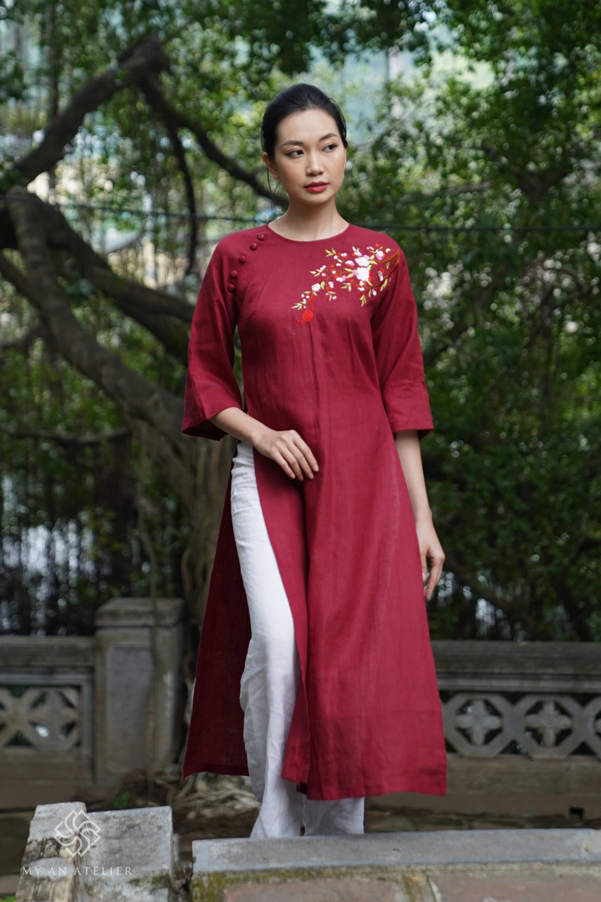 Hand-embroidered linen ao dai for women
