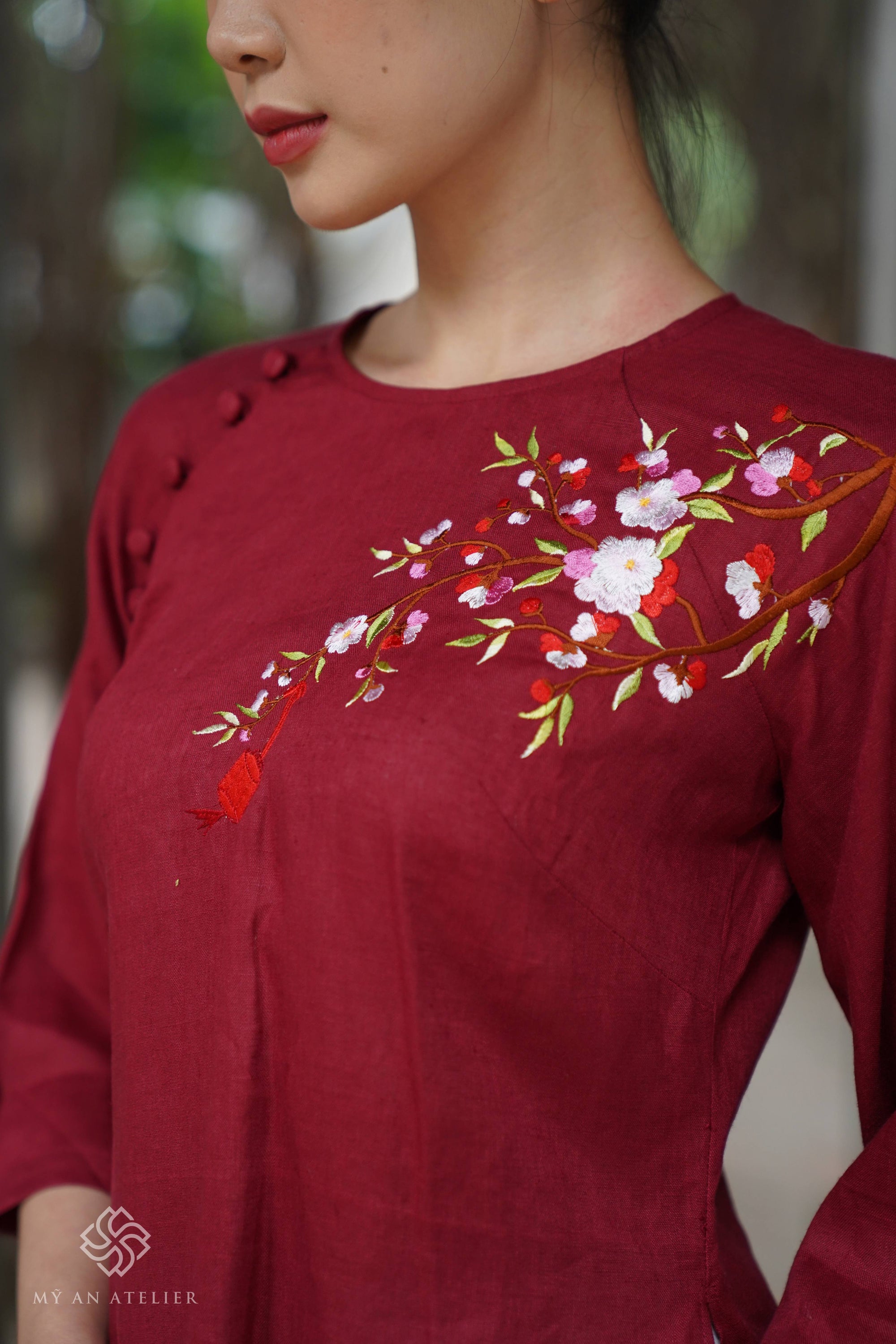 Hand-embroidered linen ao dai for women