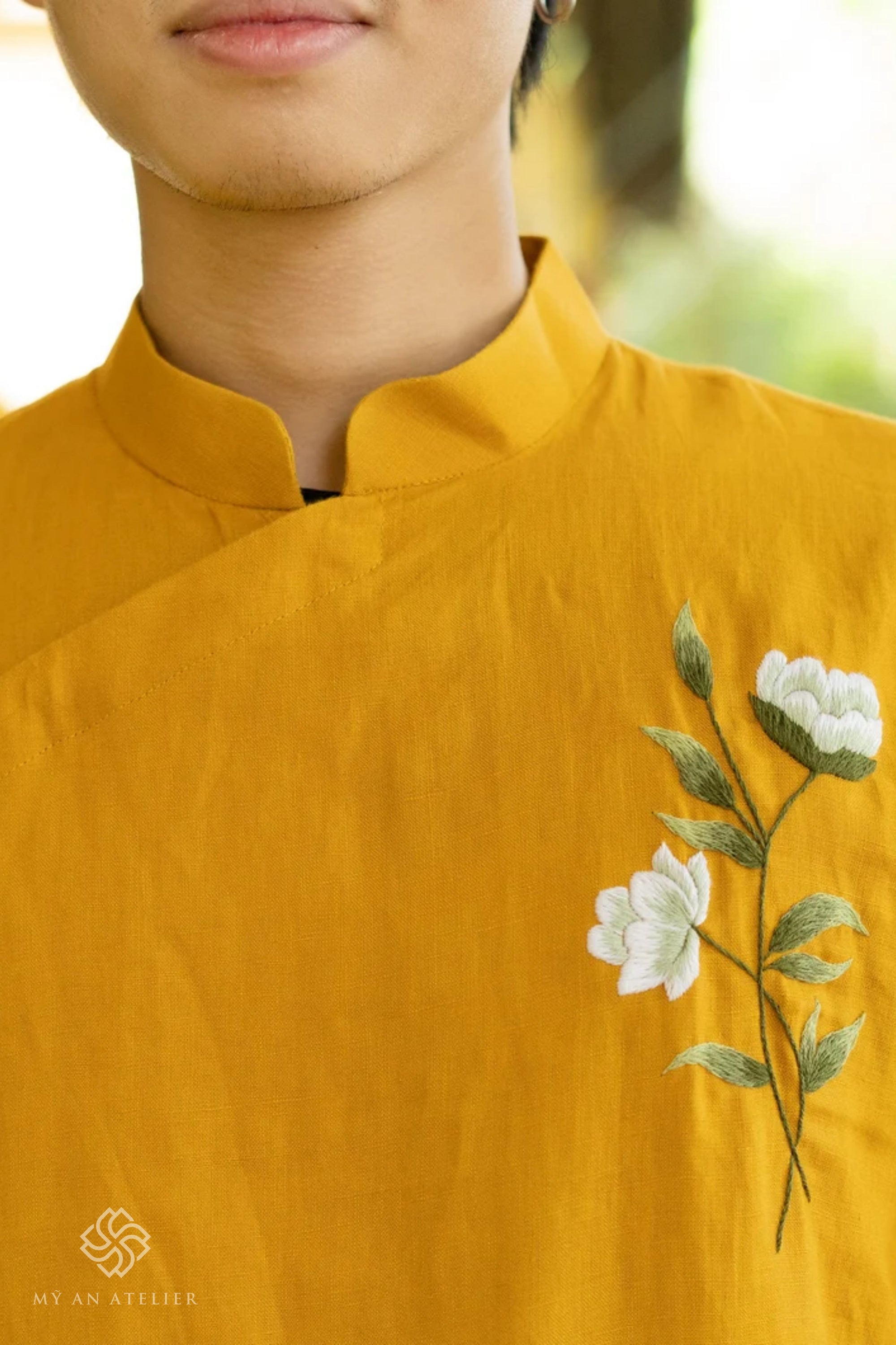 Hand-embroidered linen male ao dai