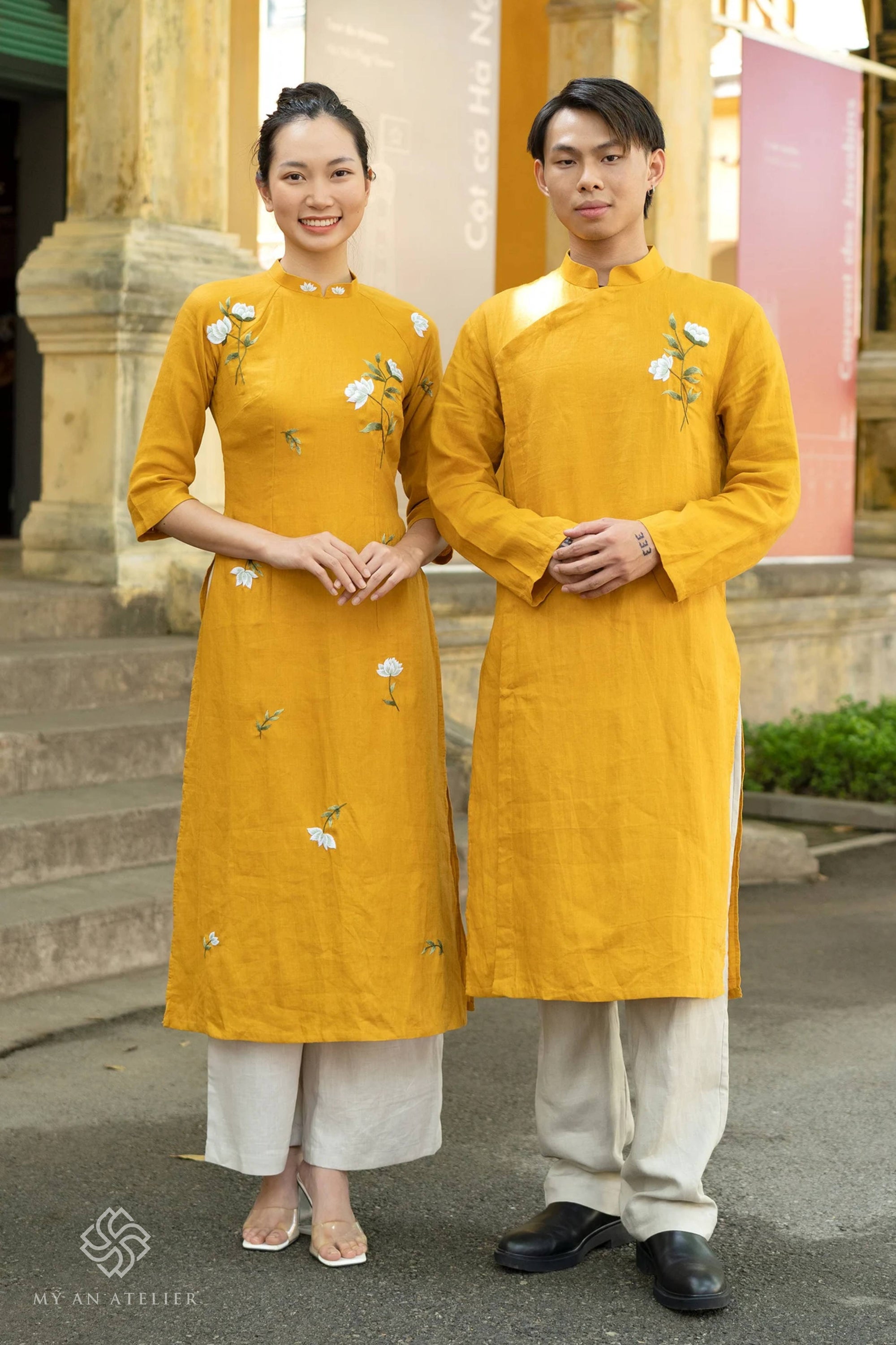 Hand-embroidered linen male ao dai