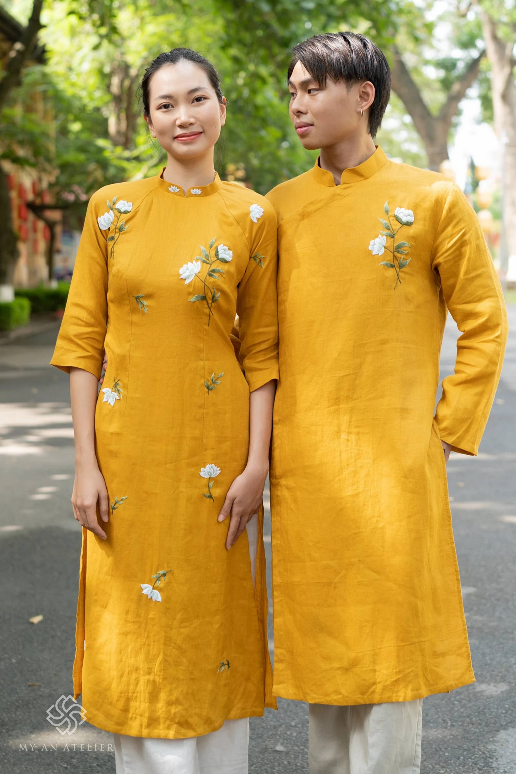 Hand-embroidered linen male ao dai