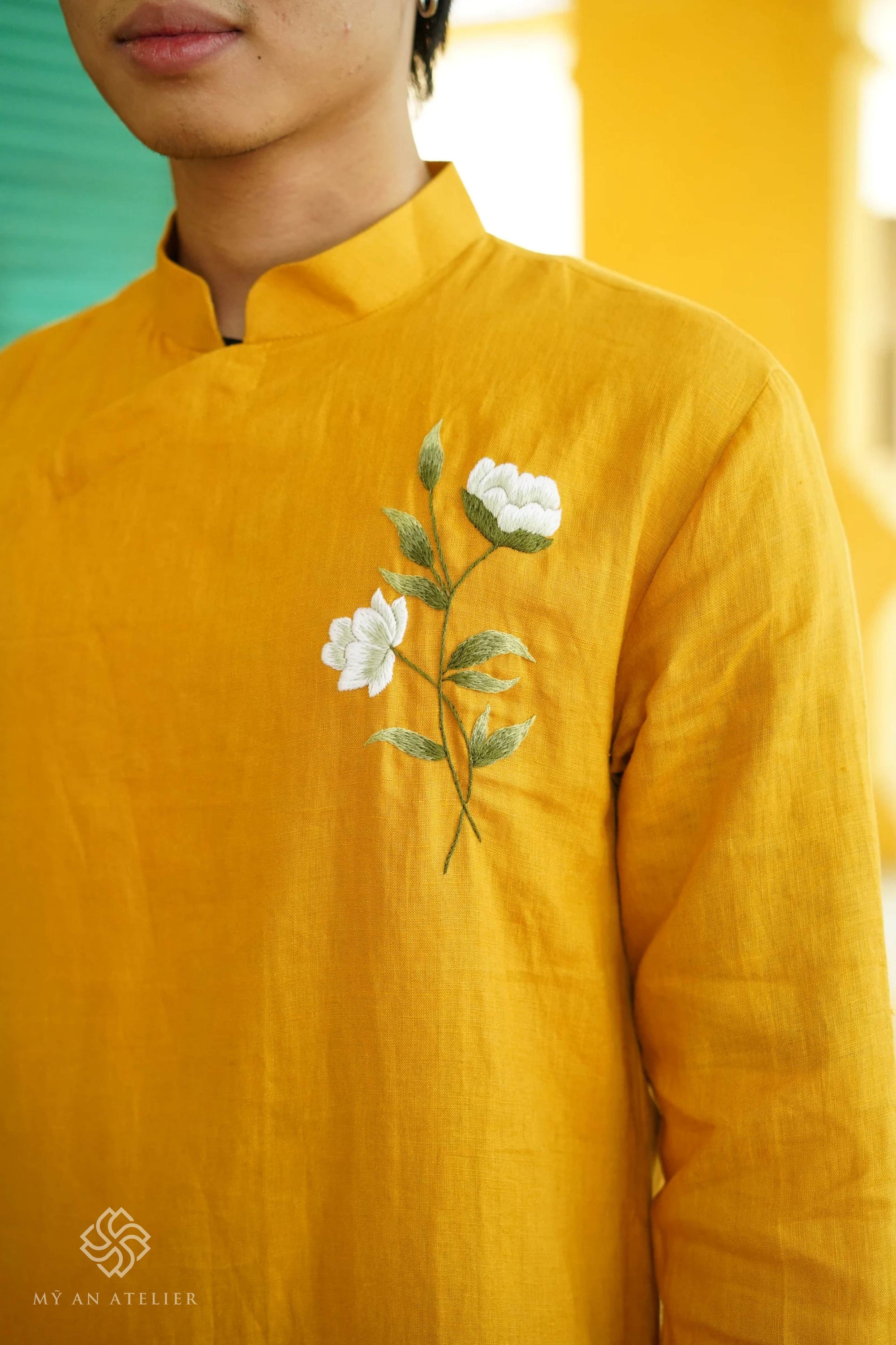 Hand-embroidered linen male ao dai