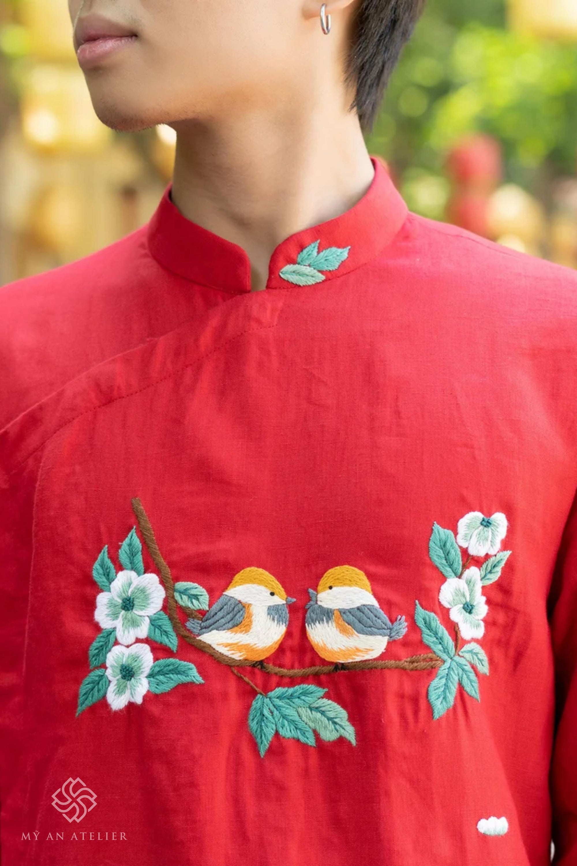 Hand-embroidered linen red men ao dai