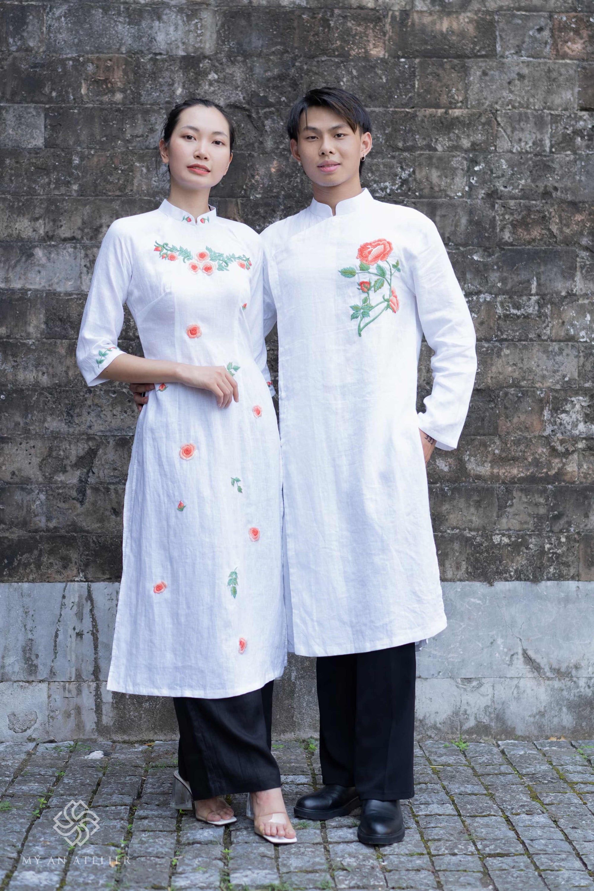 Hand-embroidered linen wedding ao dai
