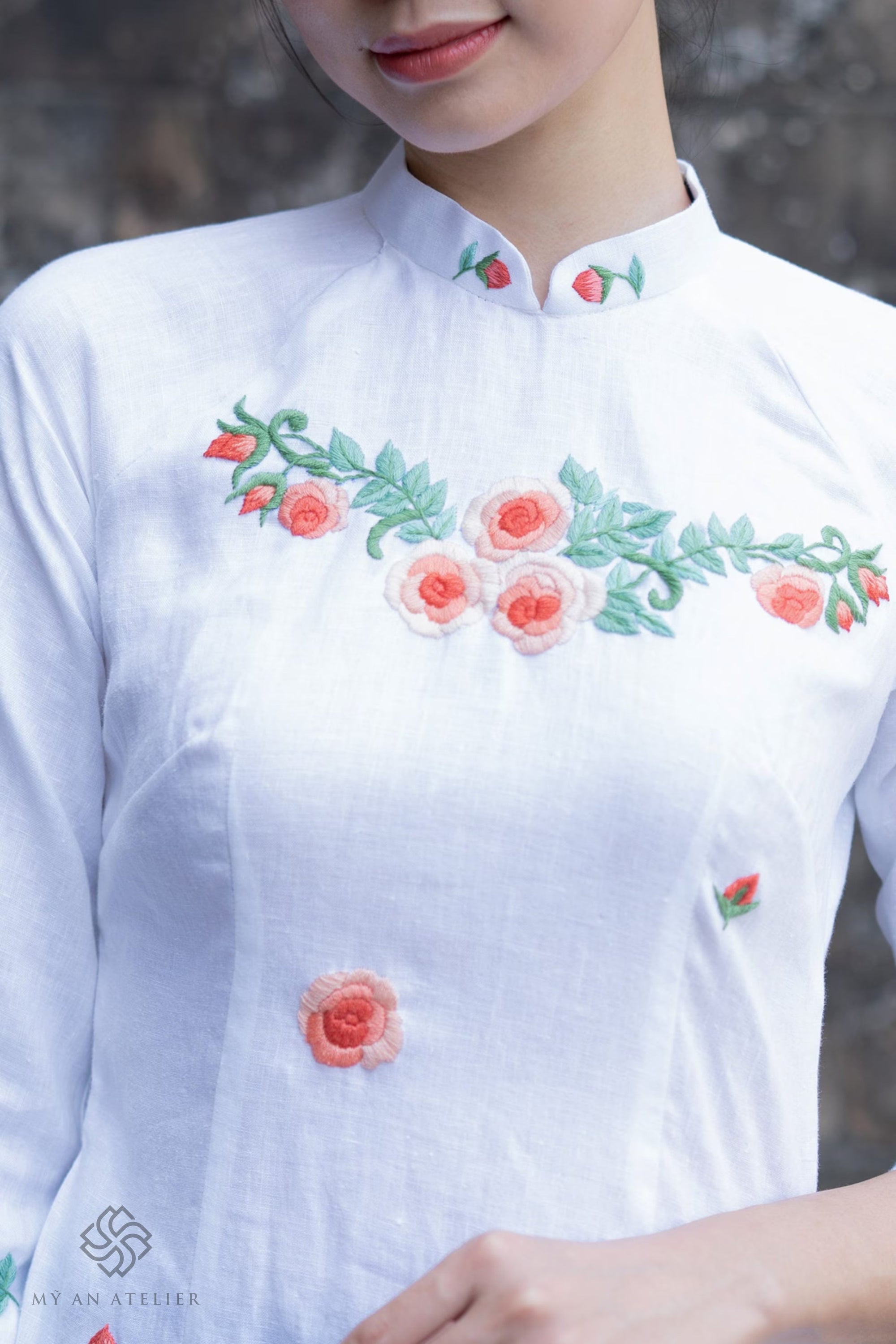 Hand-embroidered linen wedding ao dai