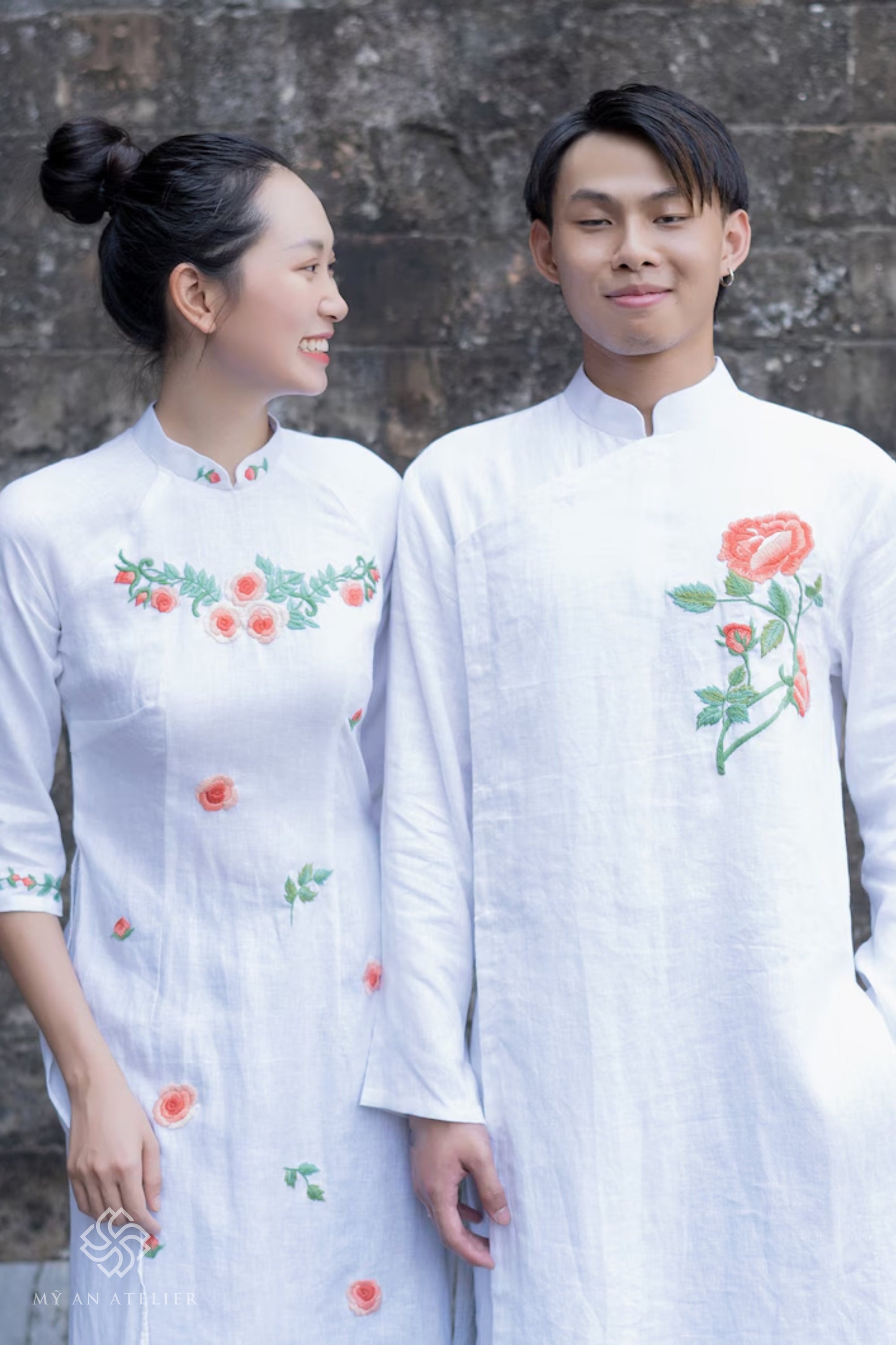 Hand-embroidered linen wedding ao dai