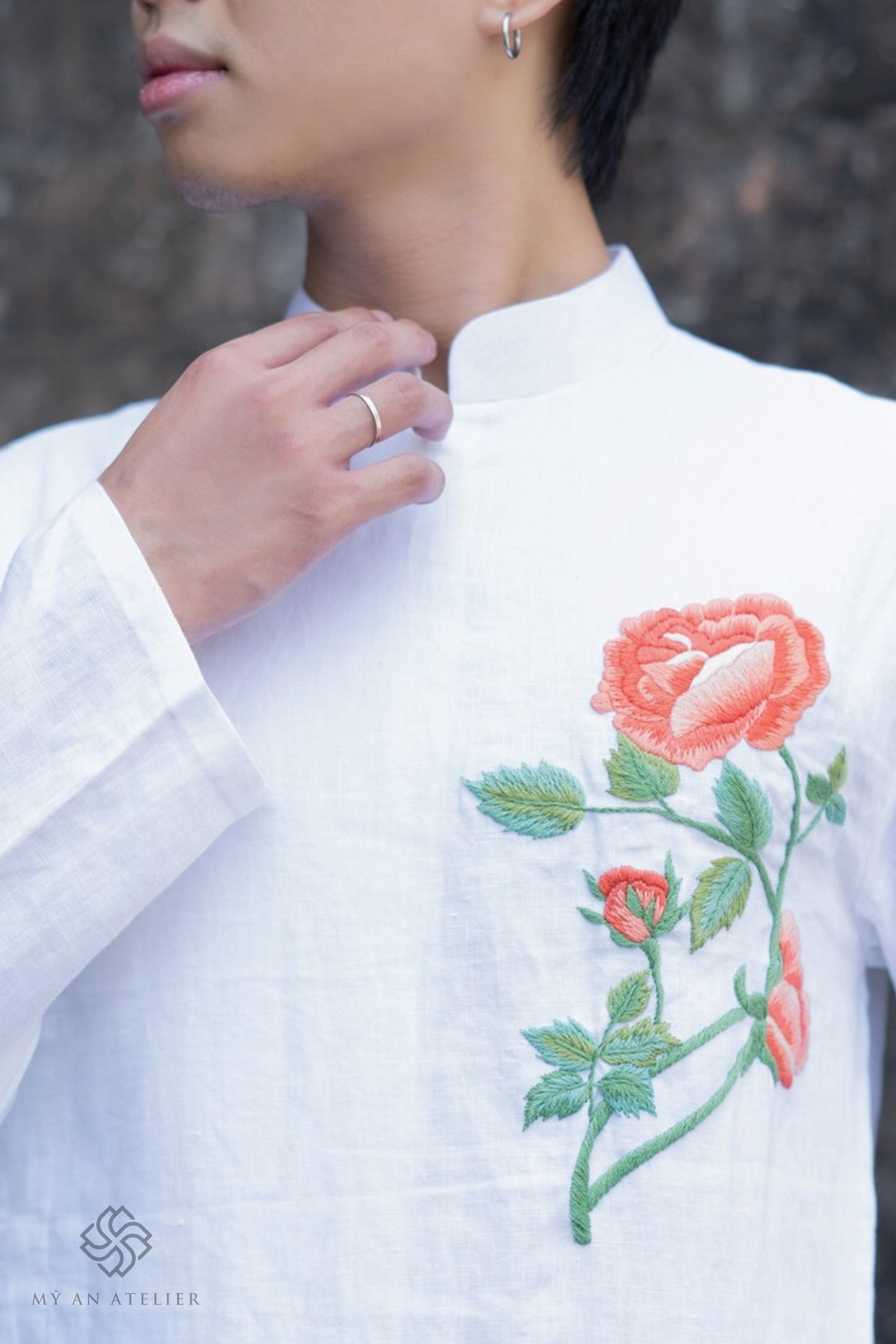 Hand-embroidered linen wedding ao dai