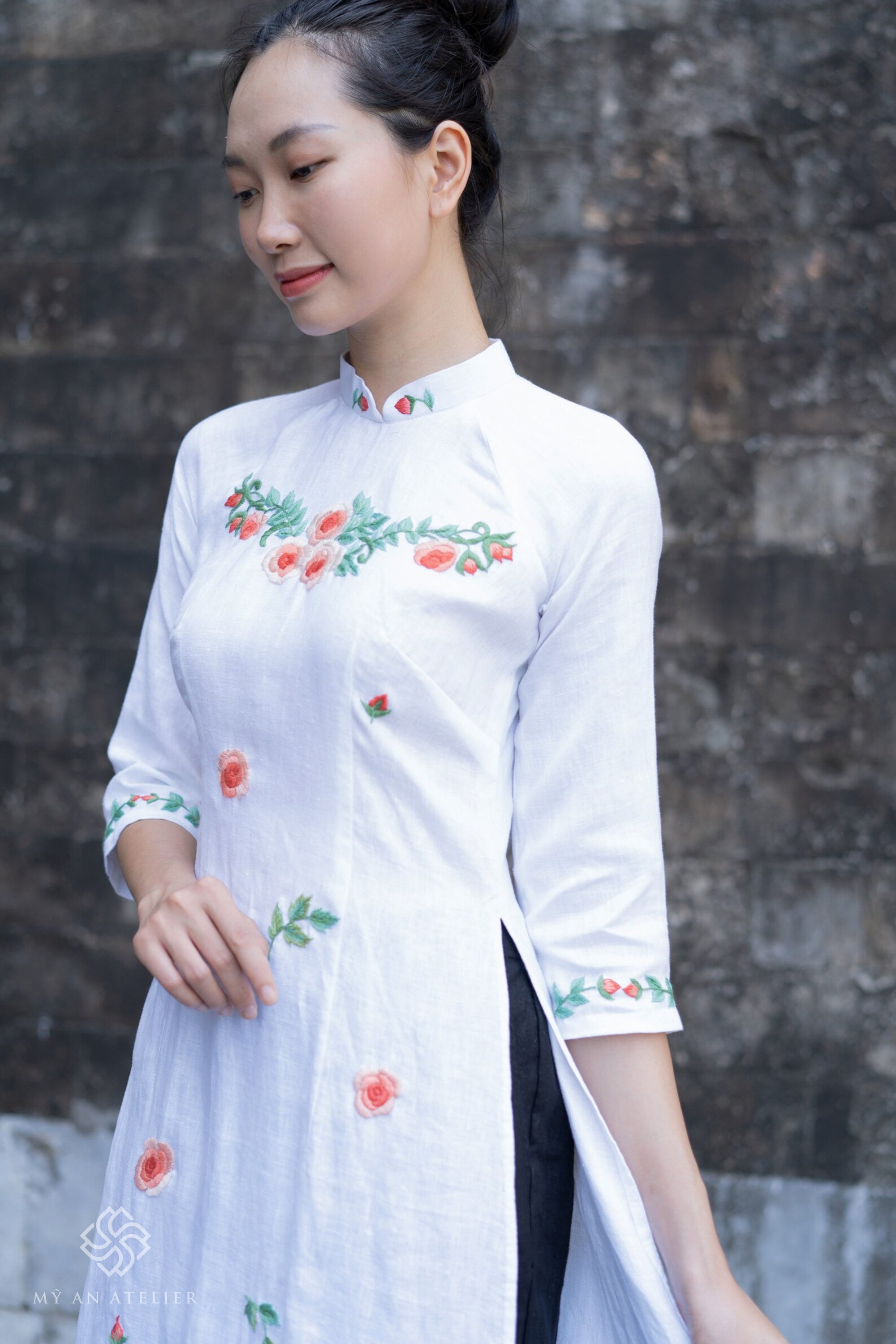 Hand-embroidered linen wedding ao dai