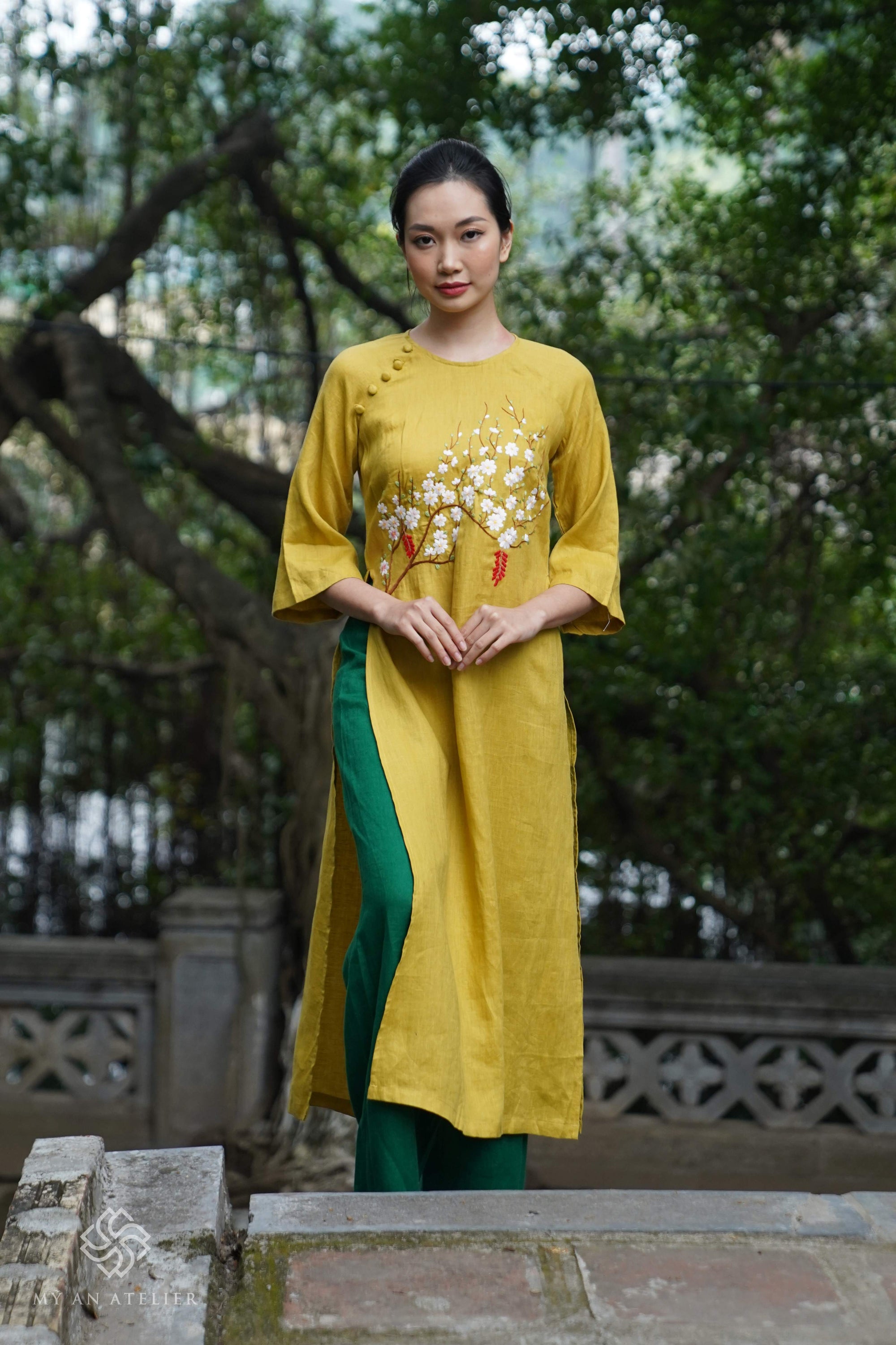 Linen yellow Vietnamese dress
