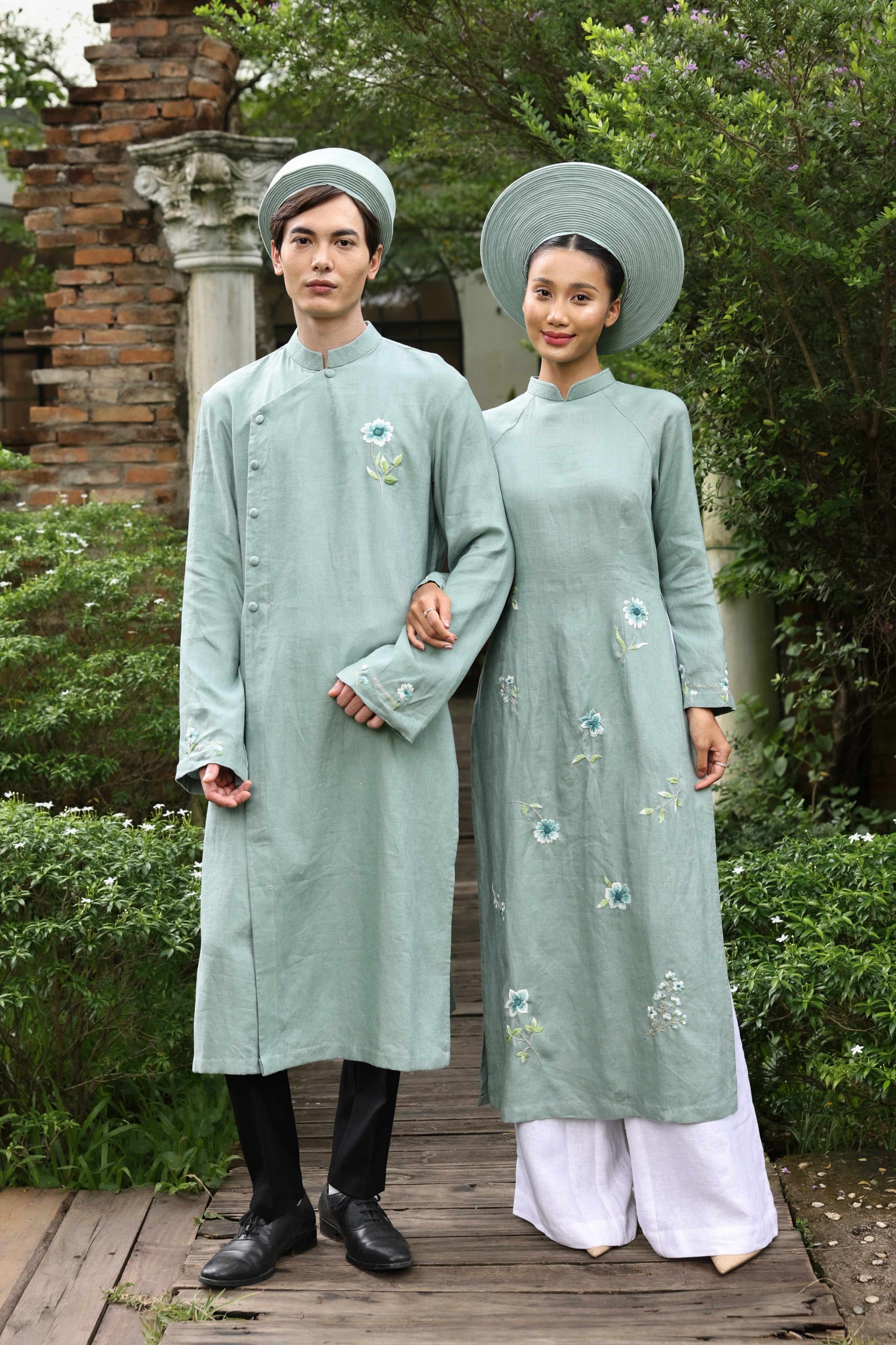 Hand-embroidered linen ao dai couple set