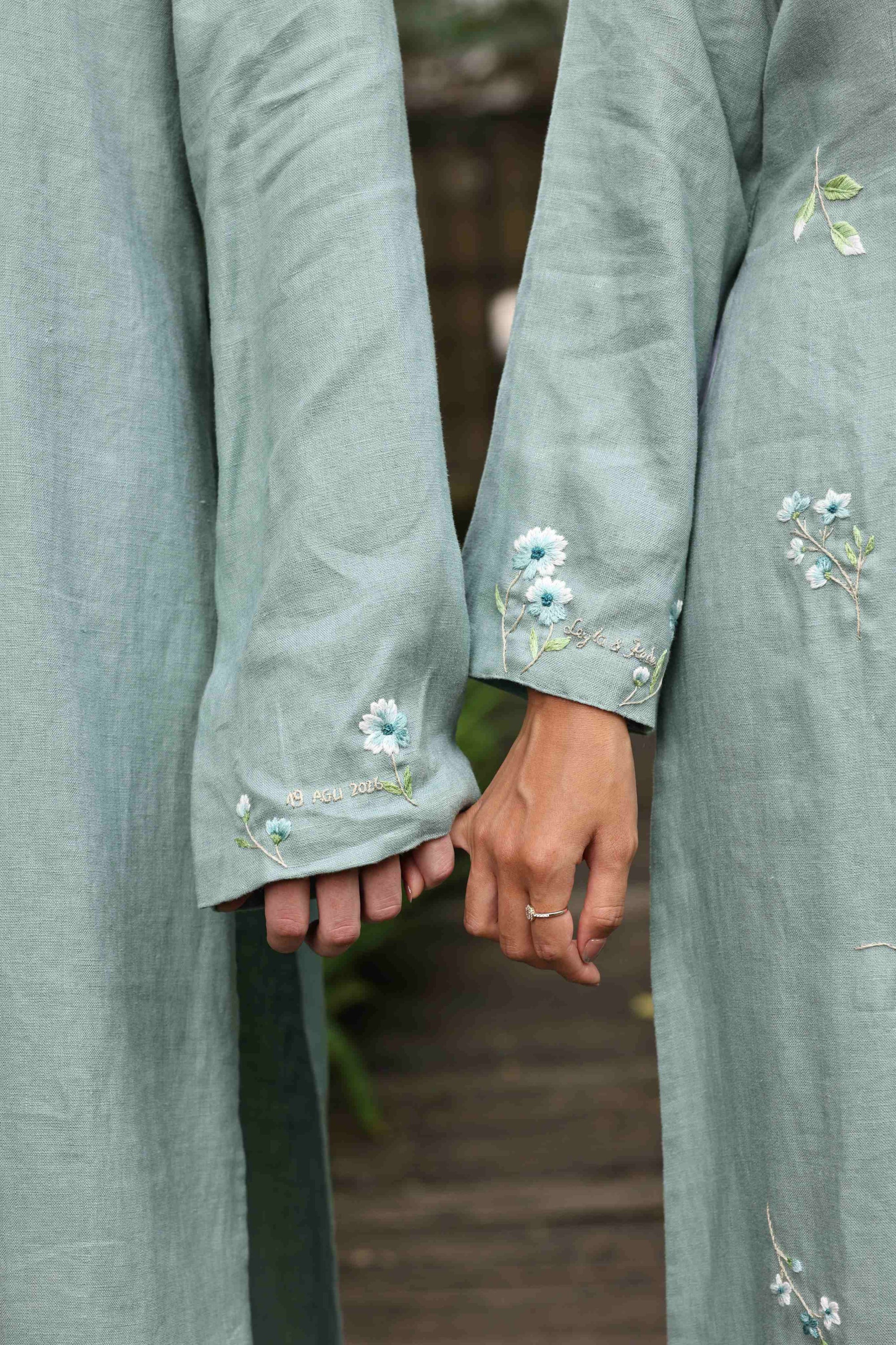 Hand-embroidered linen ao dai couple set