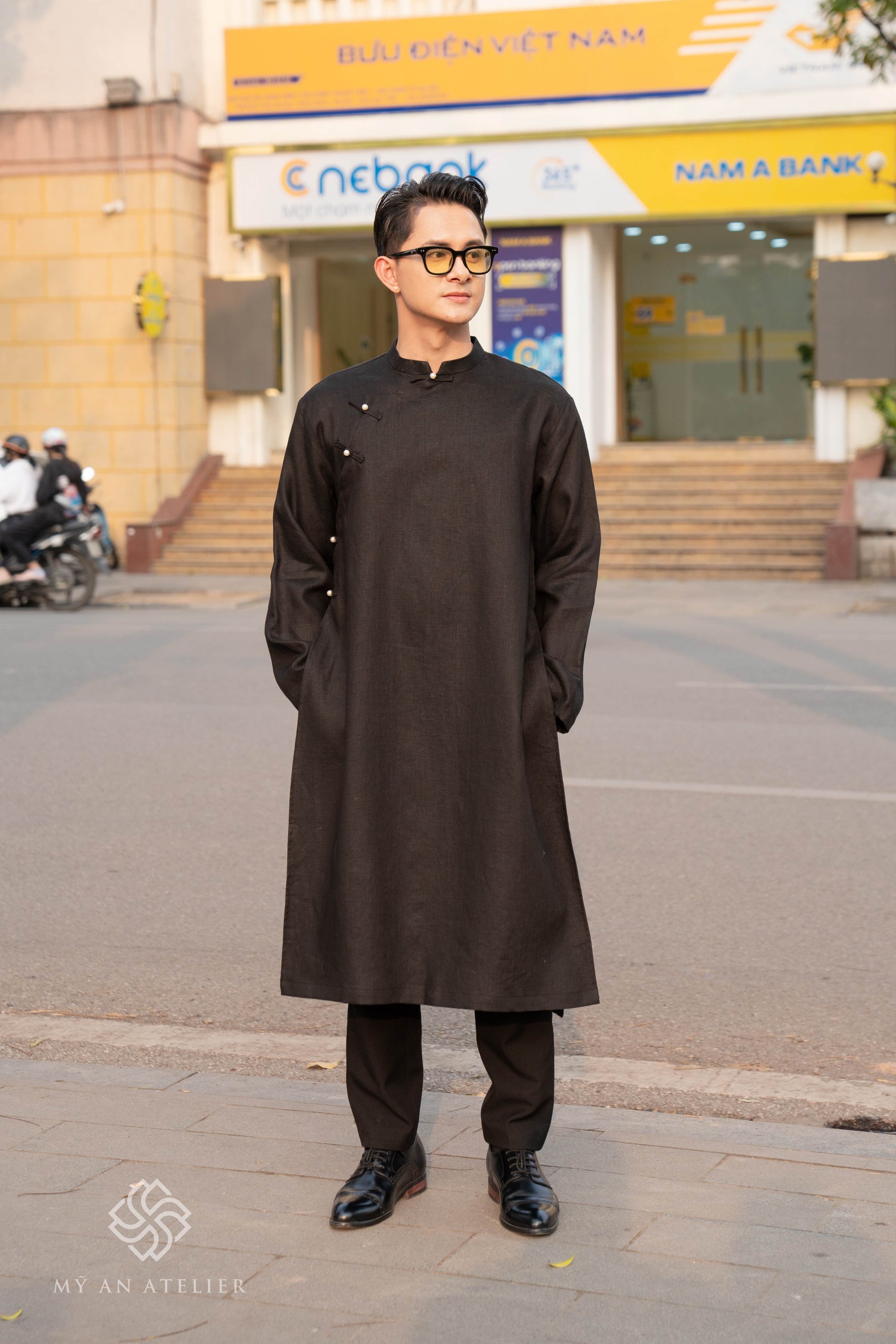 Linen black ao dai for men