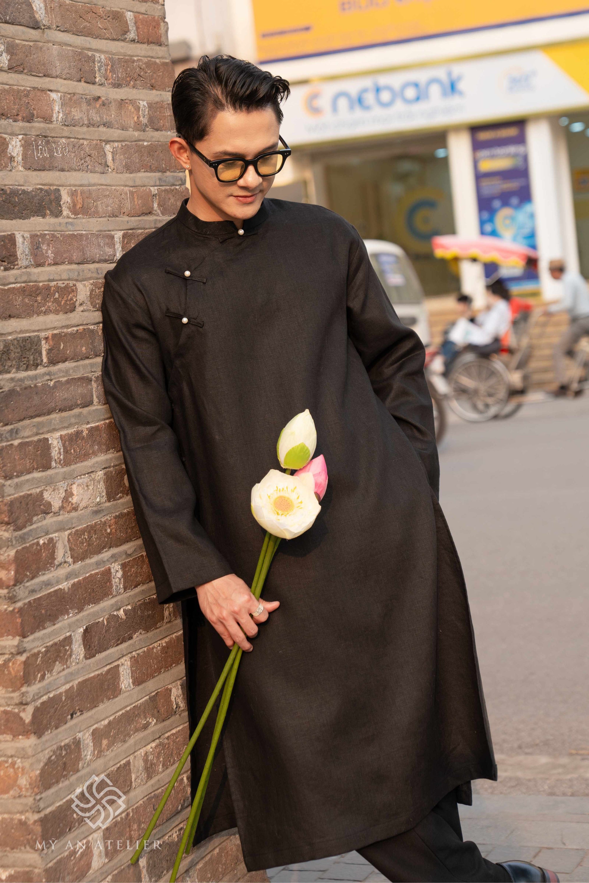 Linen black ao dai for men