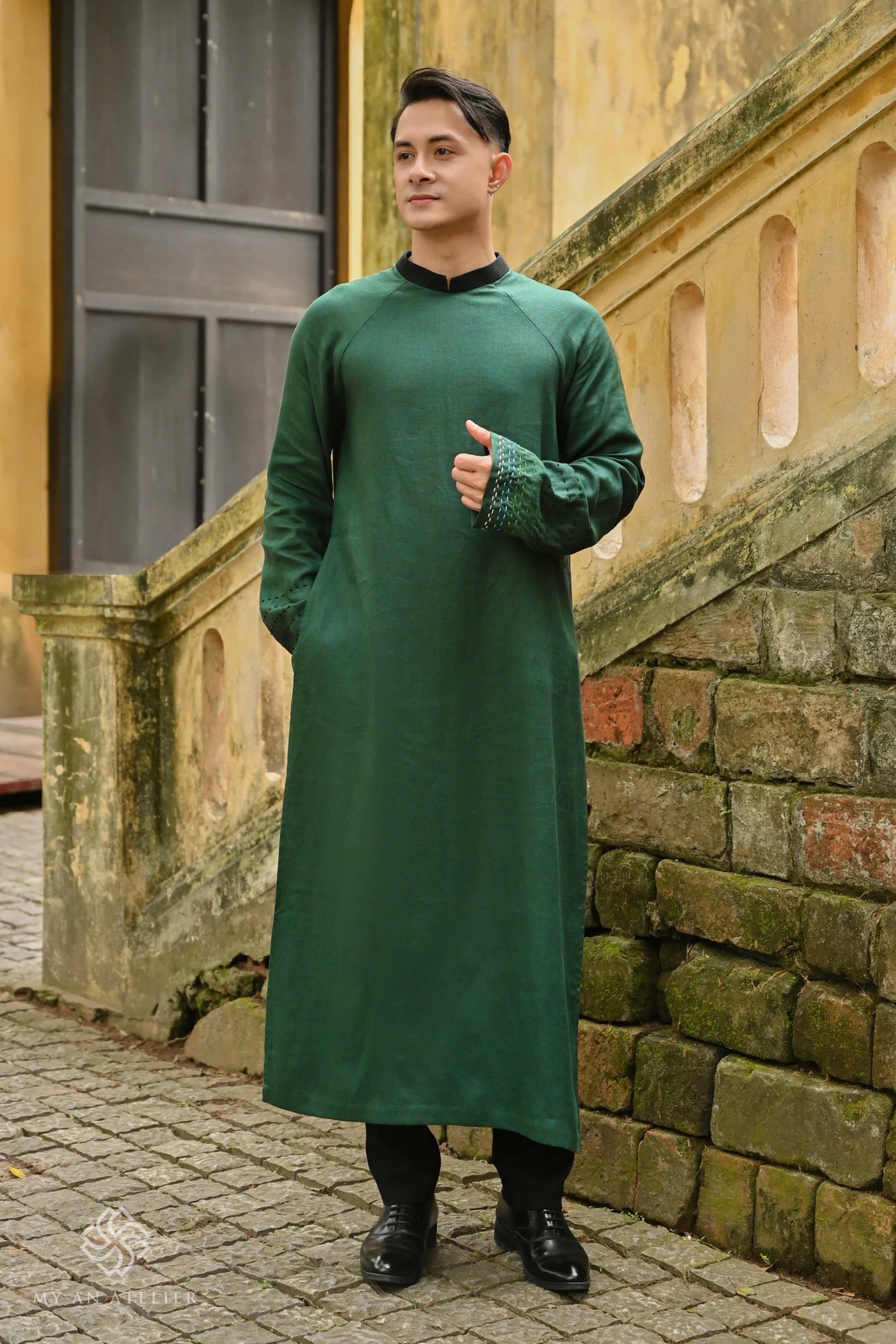 Linen long dress ao dai for men
