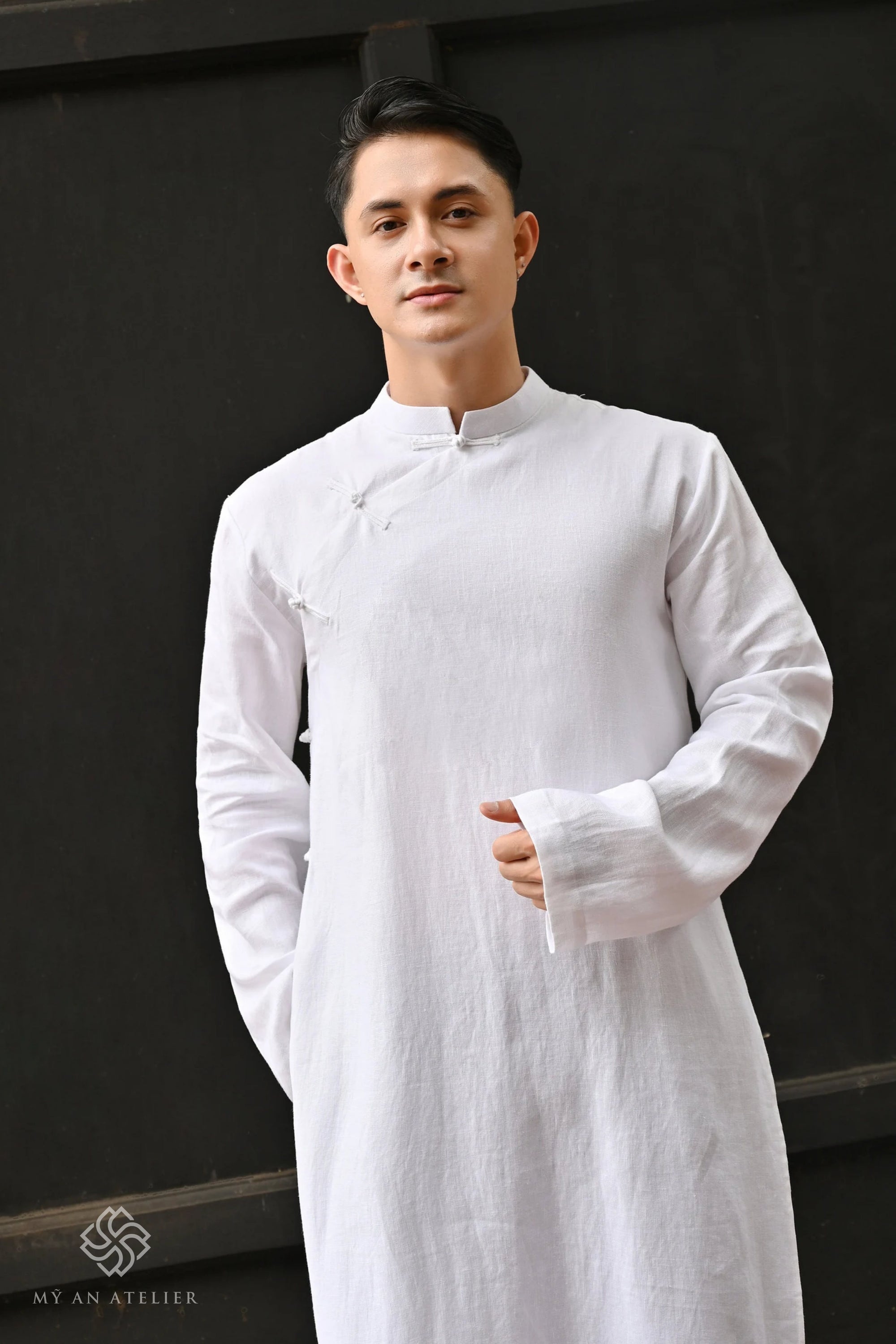 Linen men long Vietnamese dress