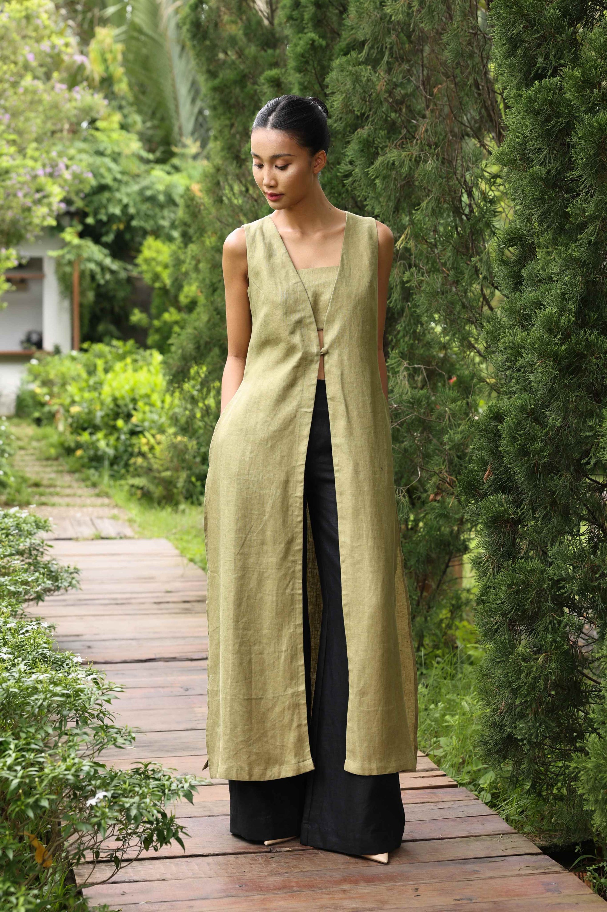 Long linen Vietnamese dress LW-56
