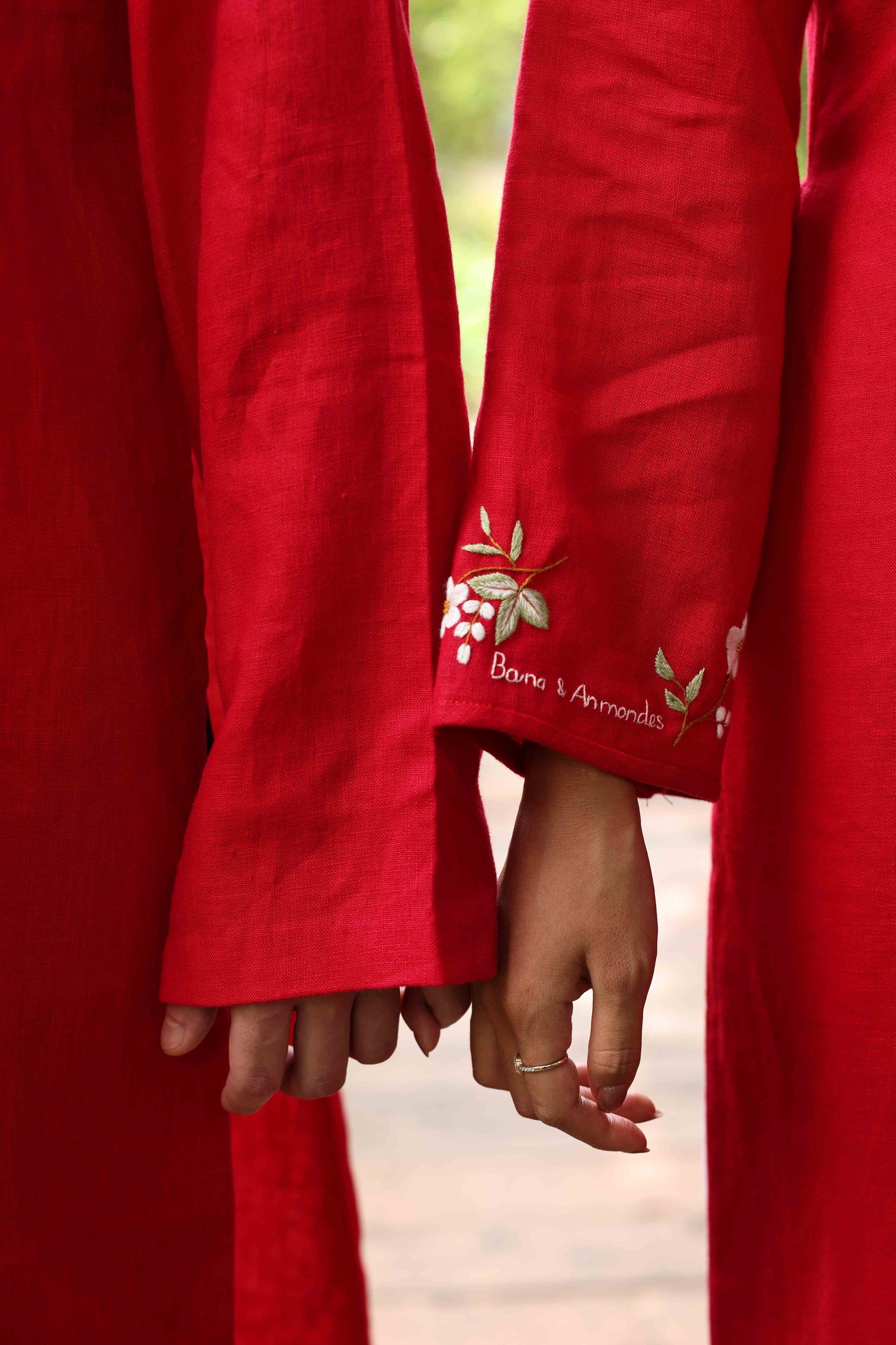 Matching red linen ao dai wedding set