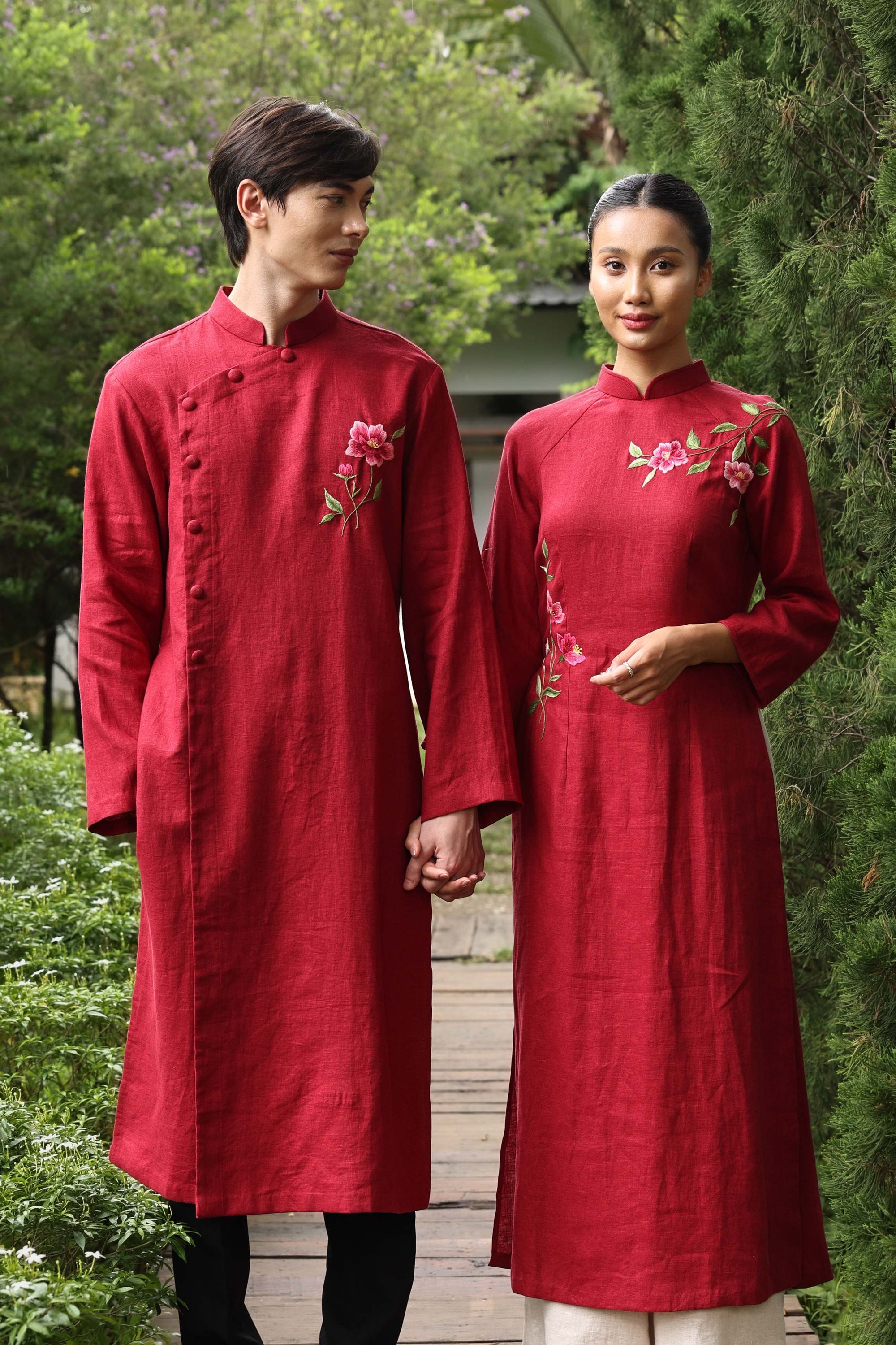 Matching red Vietnamese wedding attire