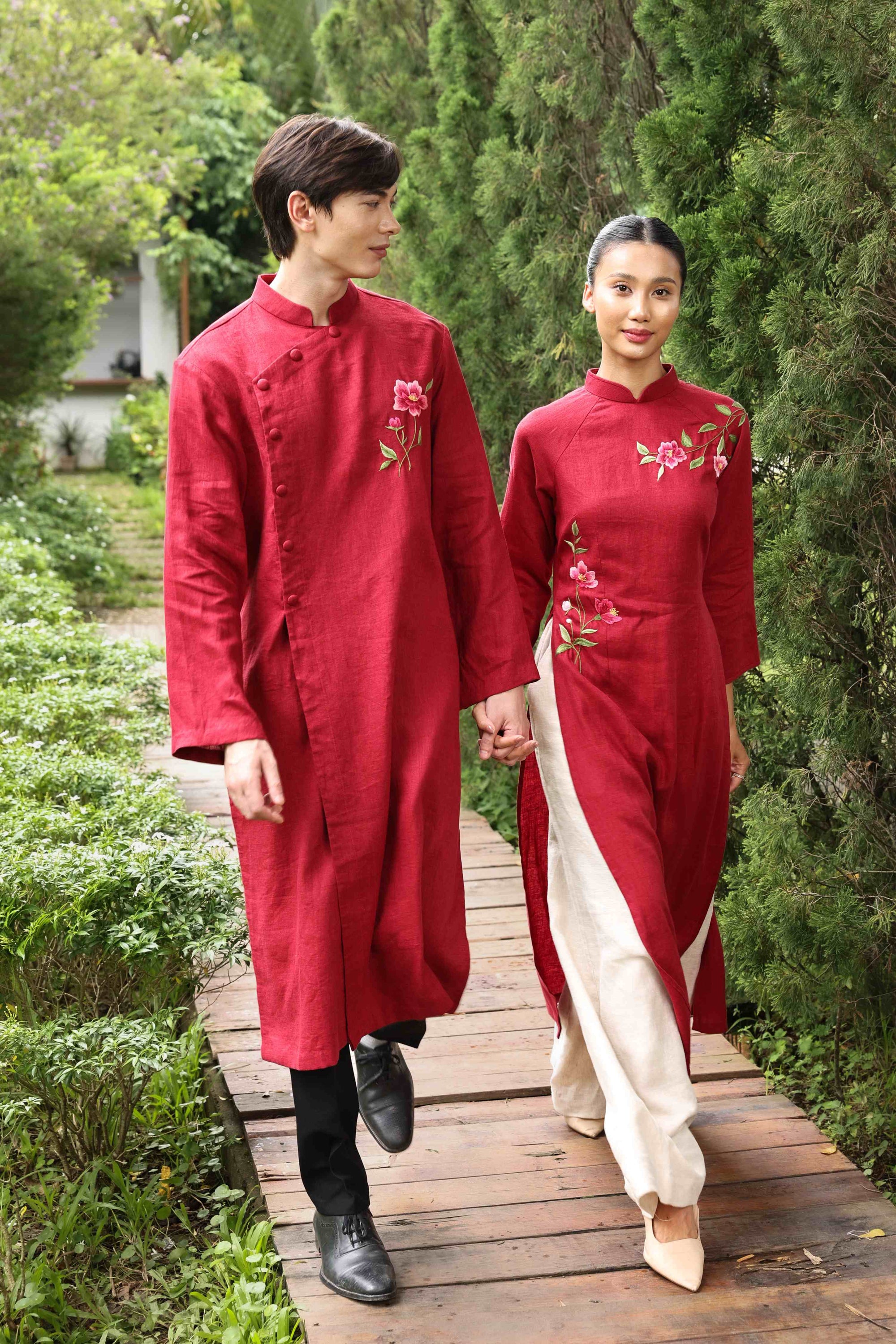 Matching red Vietnamese wedding attire