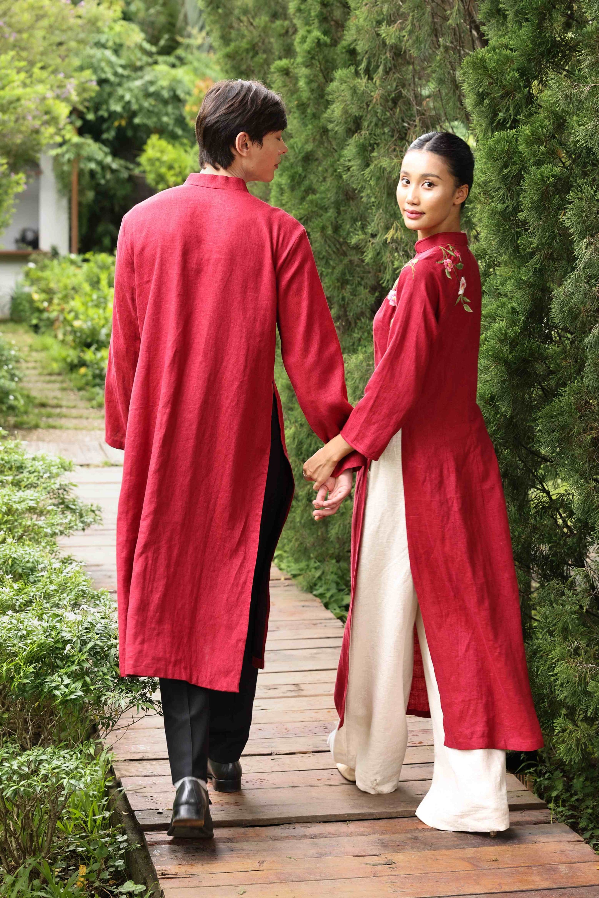 Matching red Vietnamese wedding attire