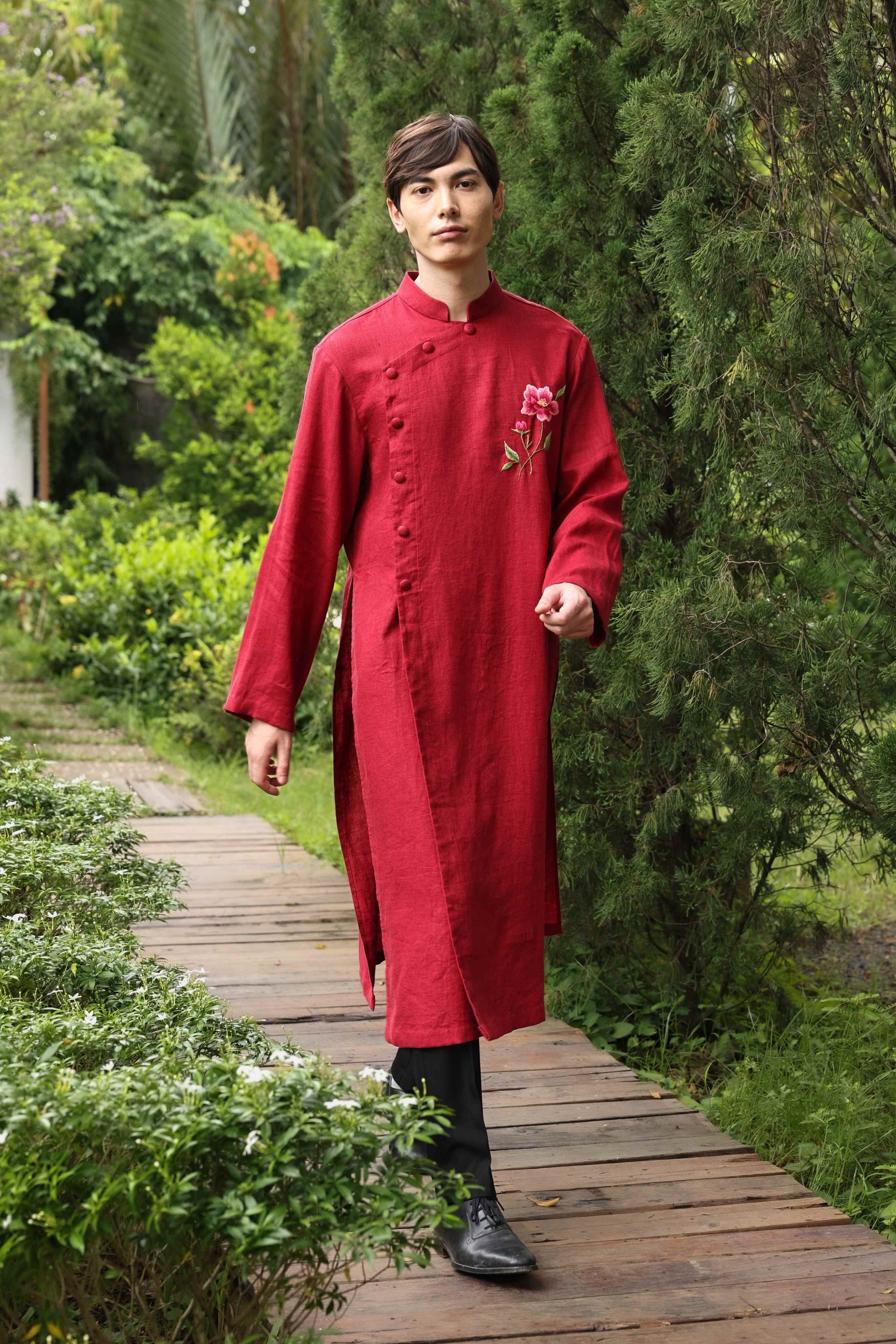 Men’s red linen wedding tunic