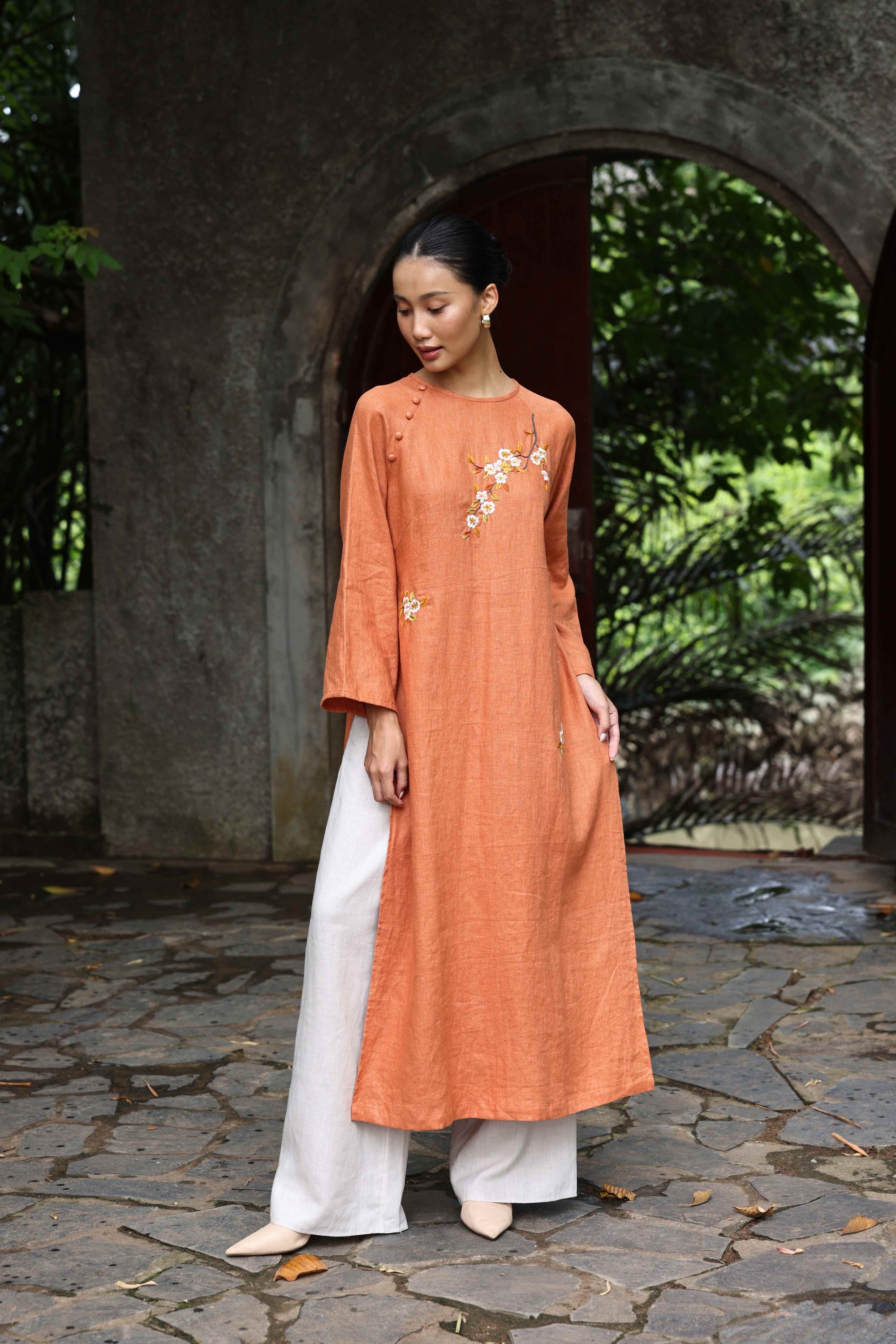 minimalist embroidered Vietnamese dress