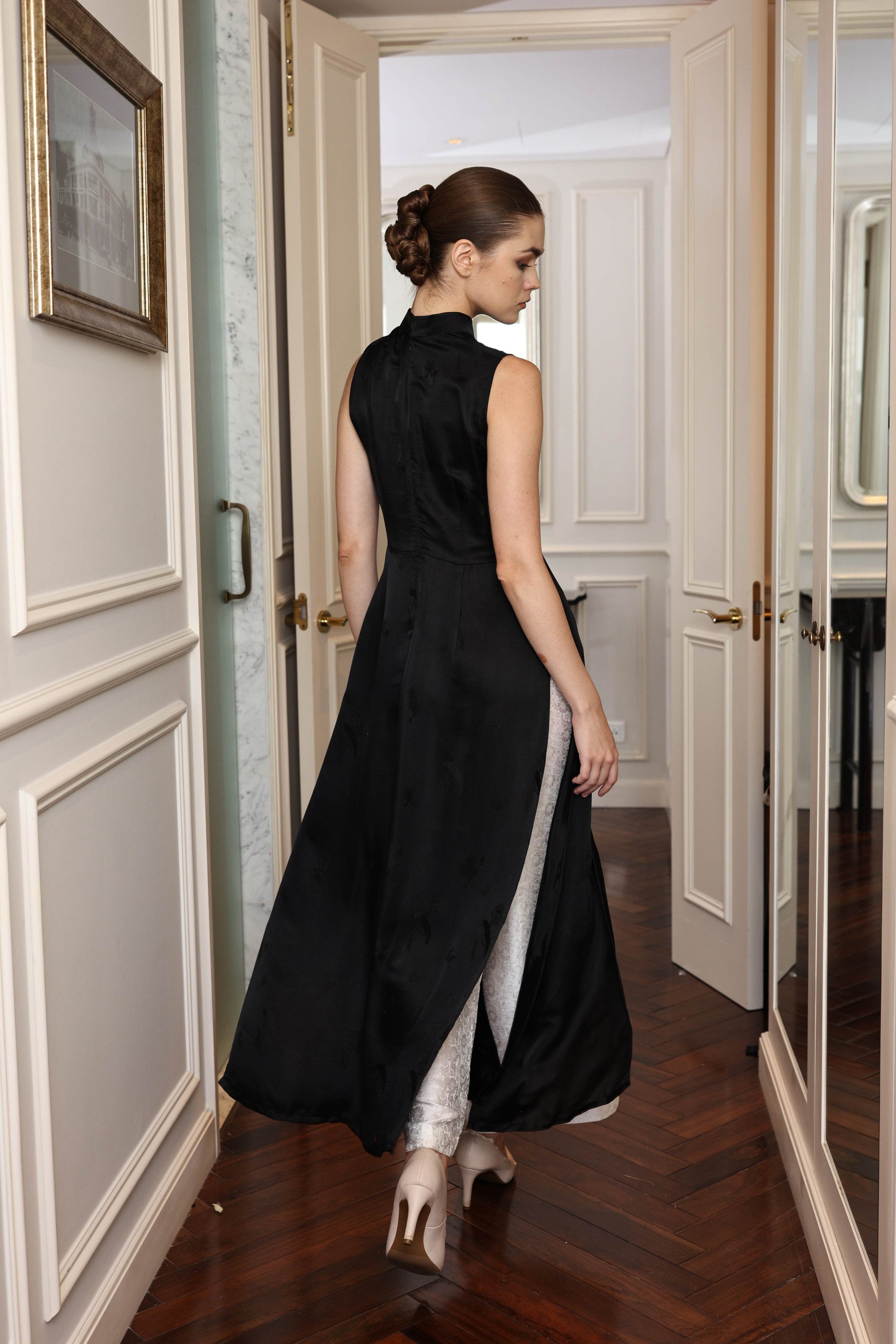 modern black silk Vietnamese dress