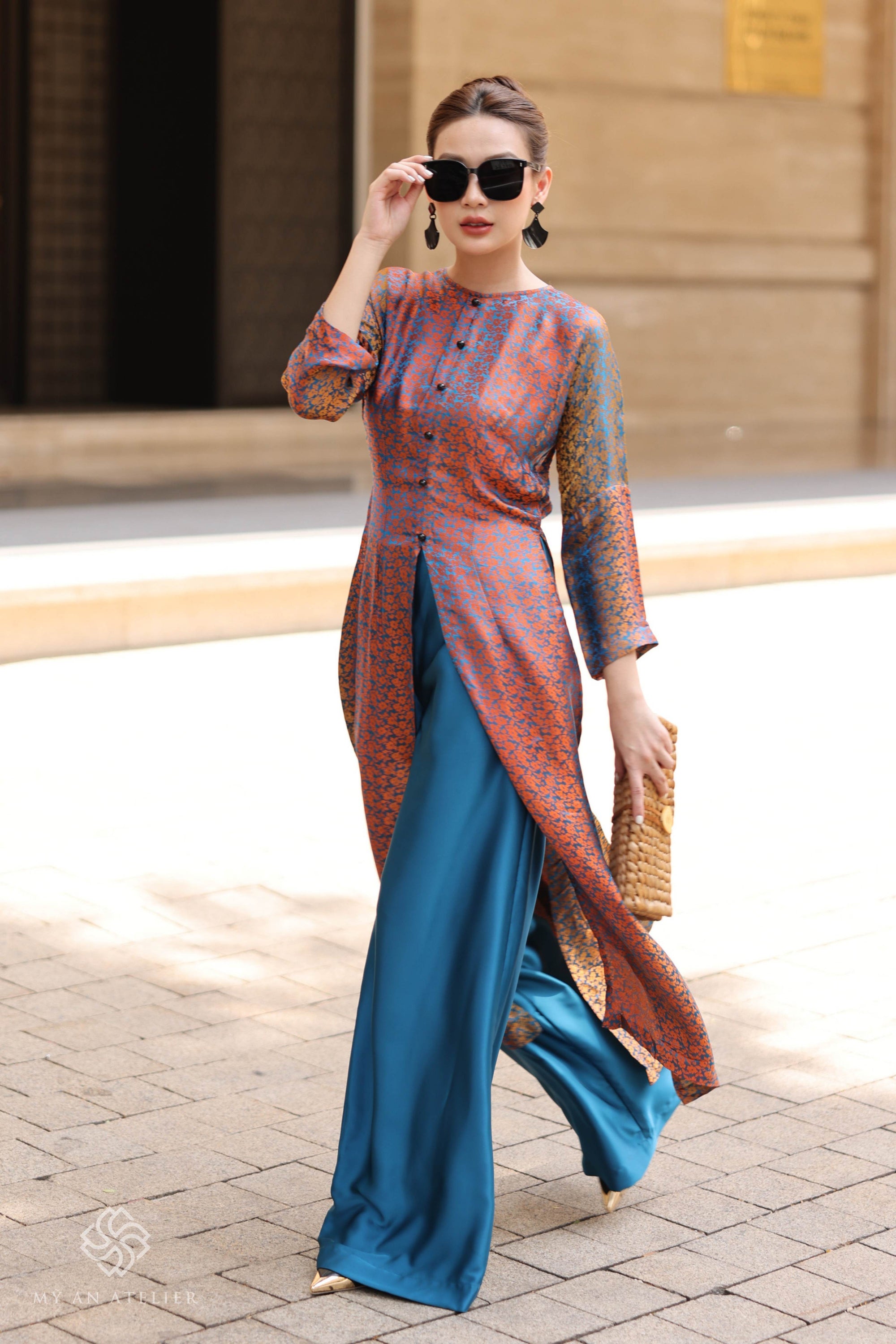 Mulberry silk front slit ao dai dress