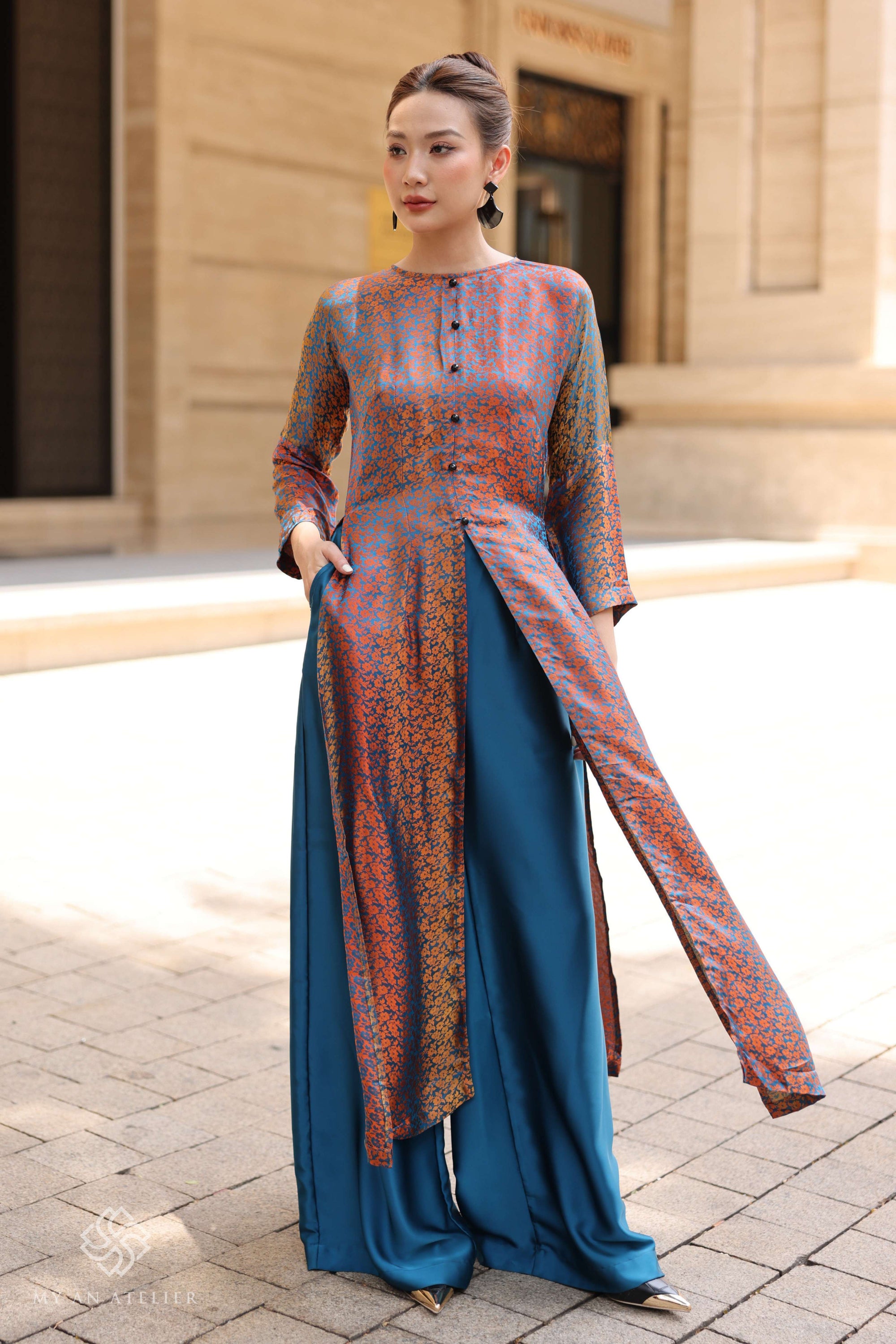 Mulberry silk front slit ao dai dress