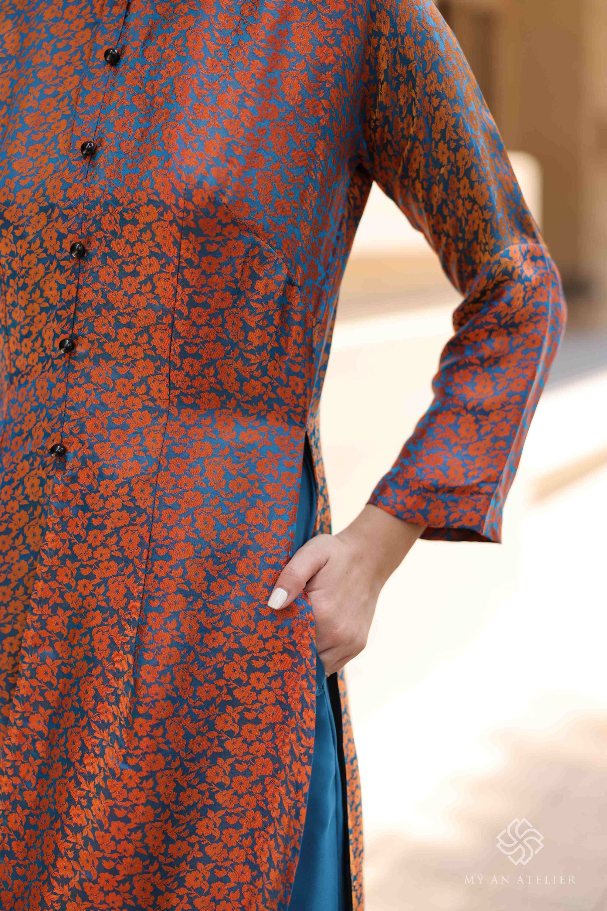 Mulberry silk front slit ao dai dress