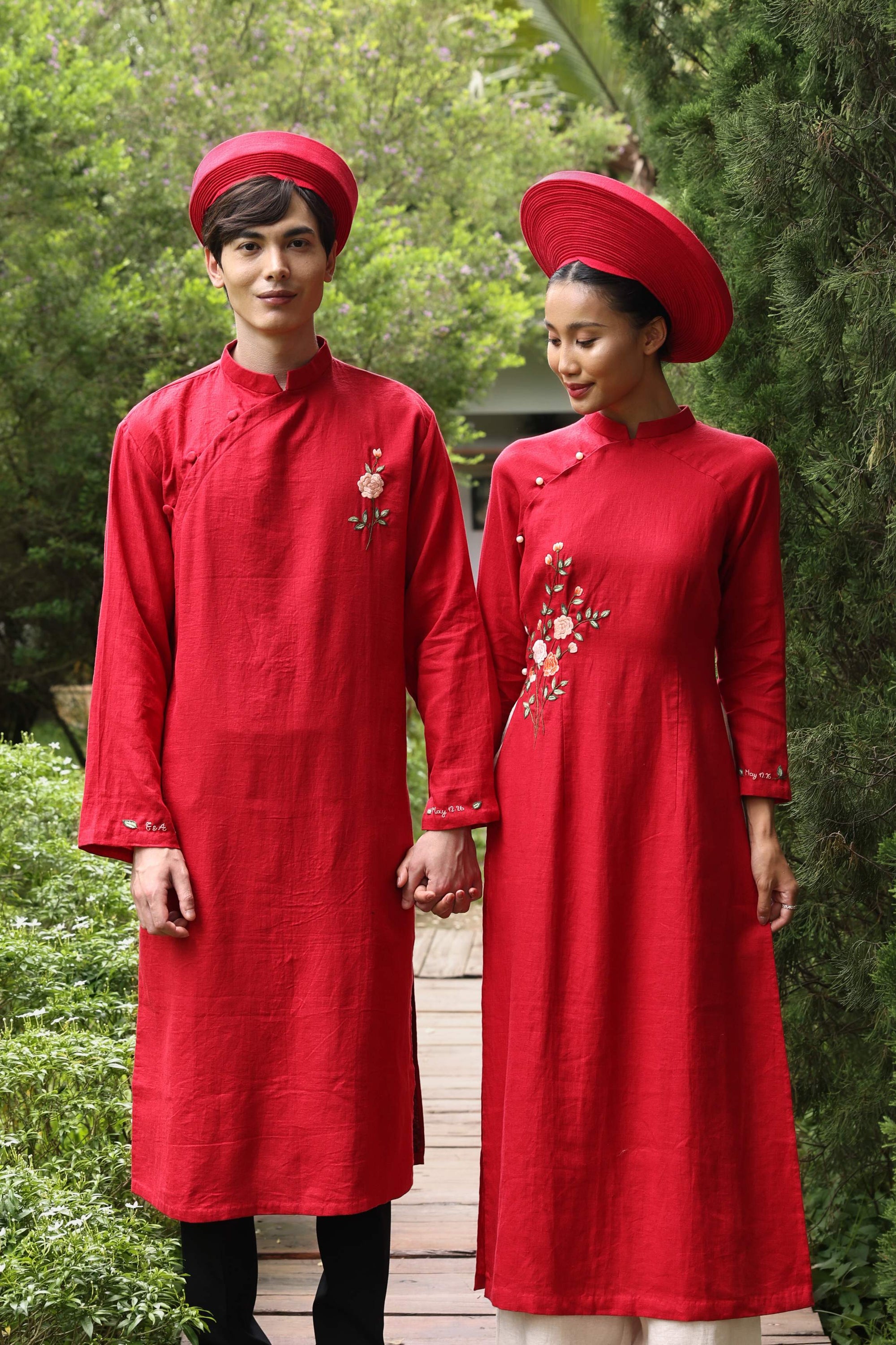 Red linen ao dai wedding dress