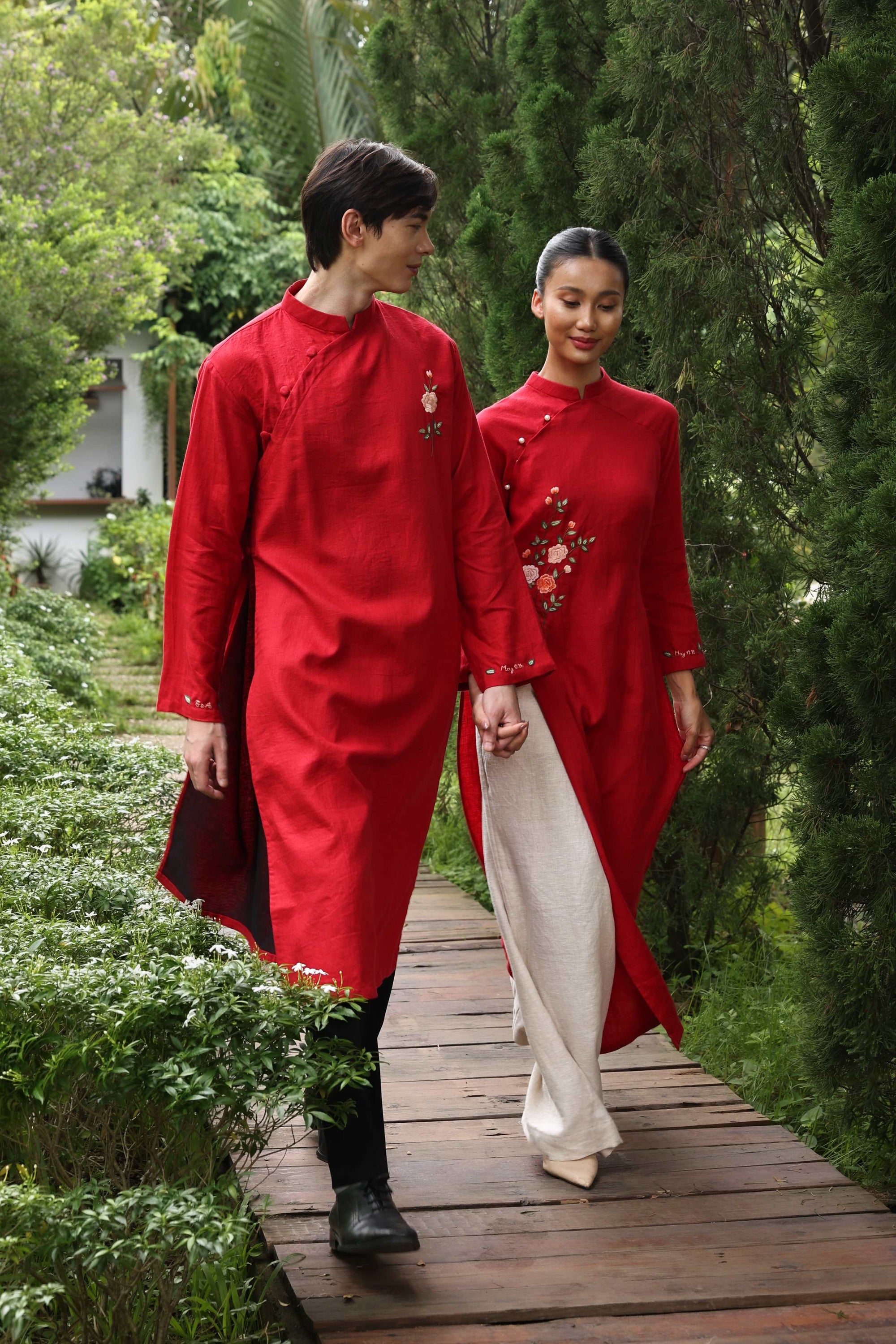 Red linen ao dai wedding dress
