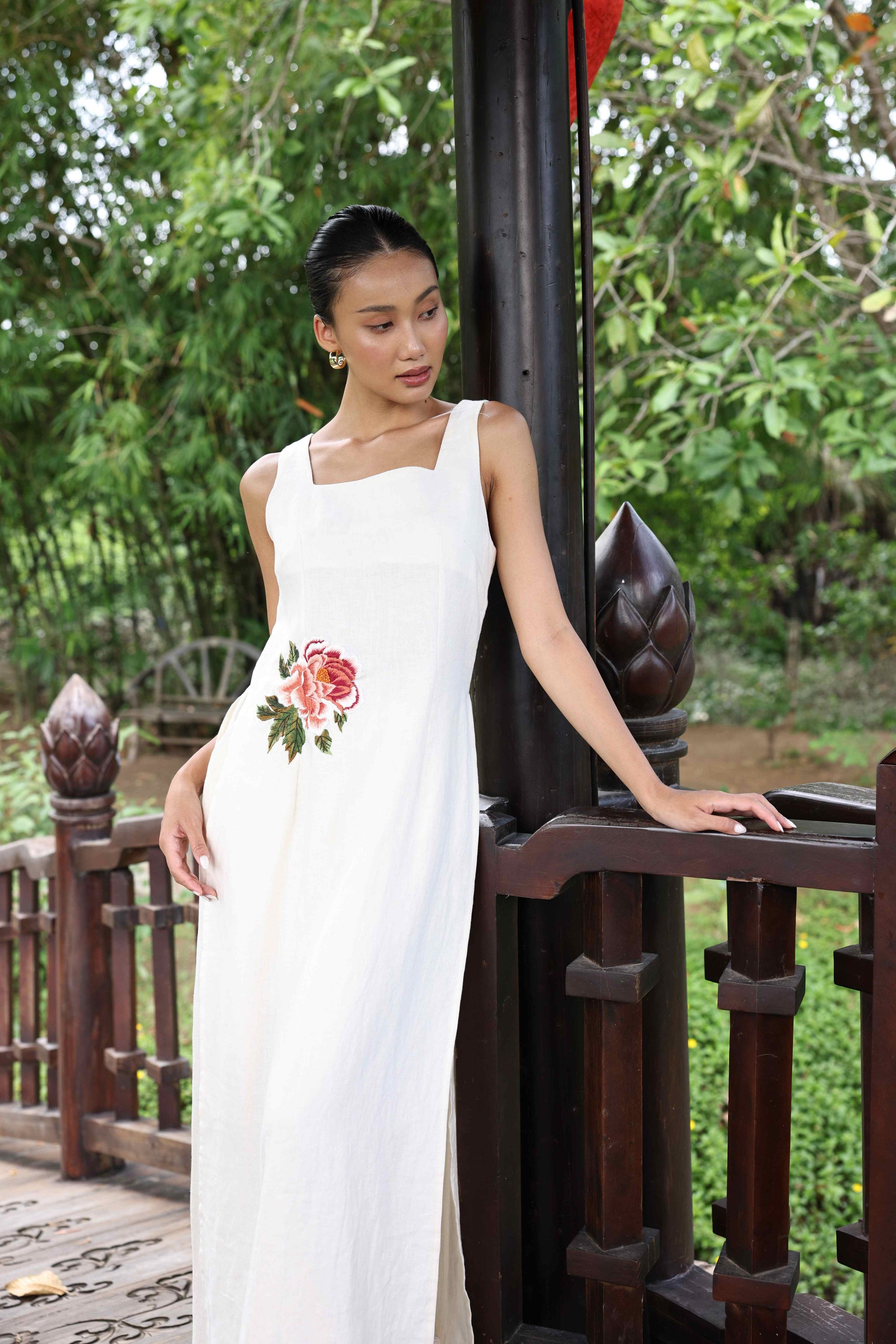 embroidered square neck Vietnamese dress