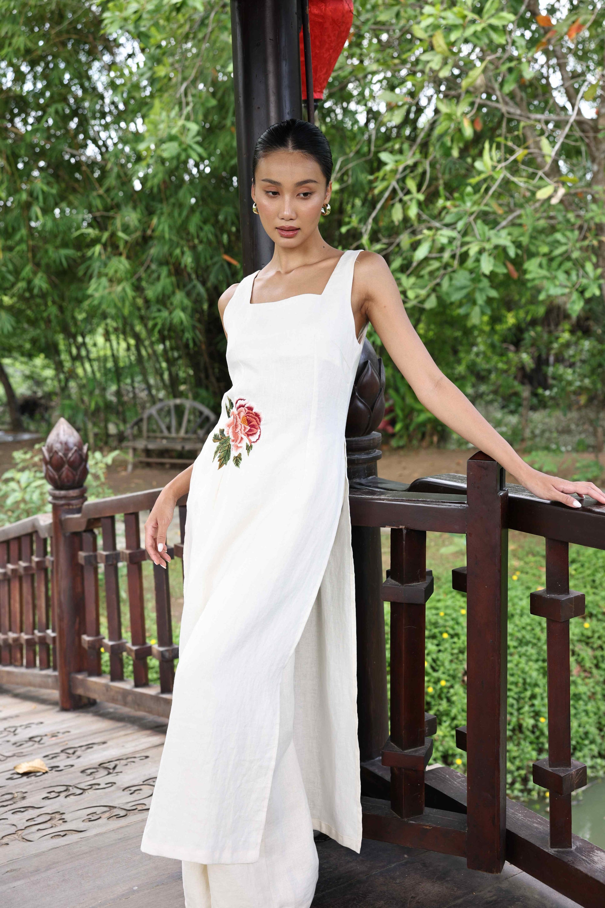 embroidered square neck Vietnamese dress