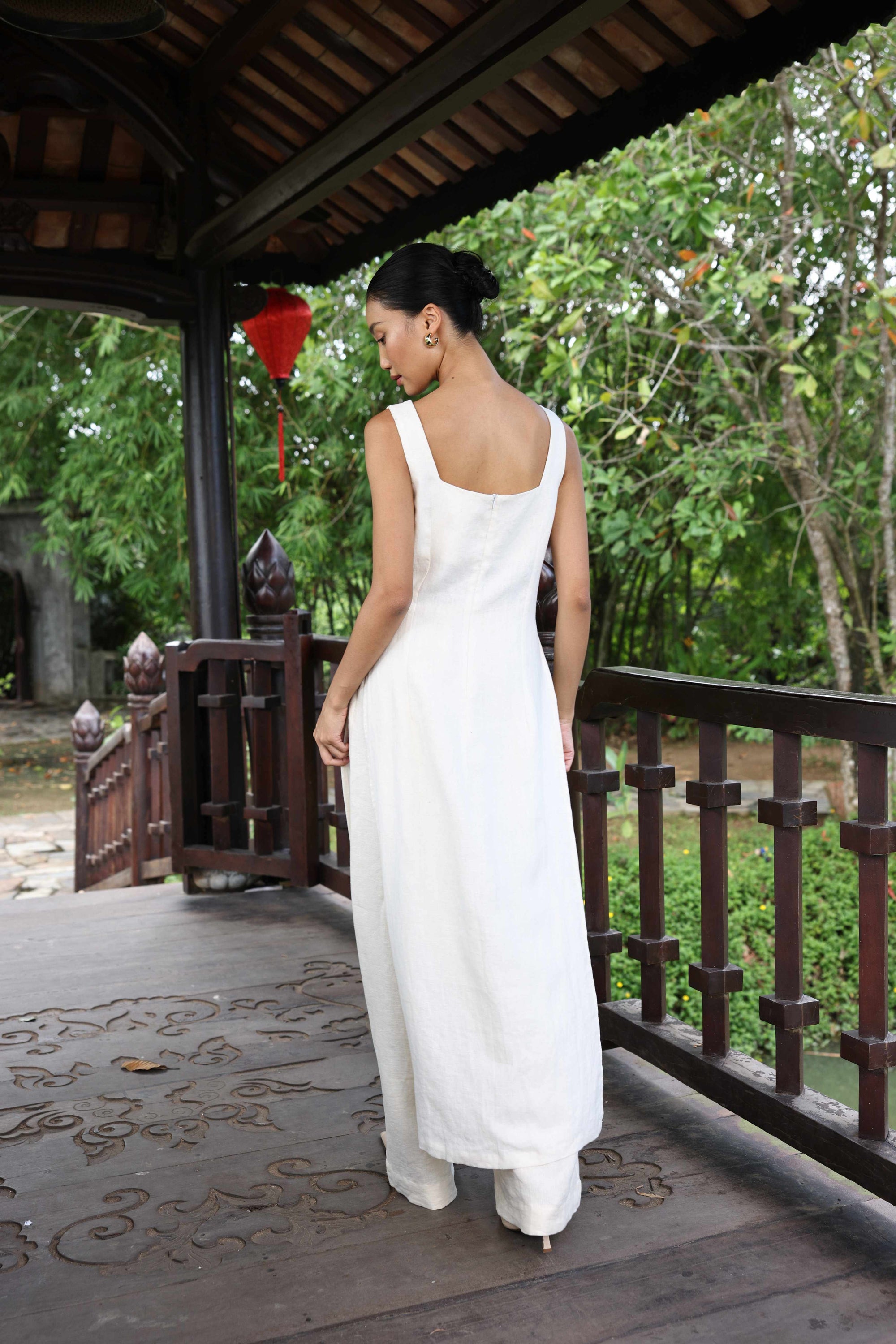 embroidered square neck Vietnamese dress