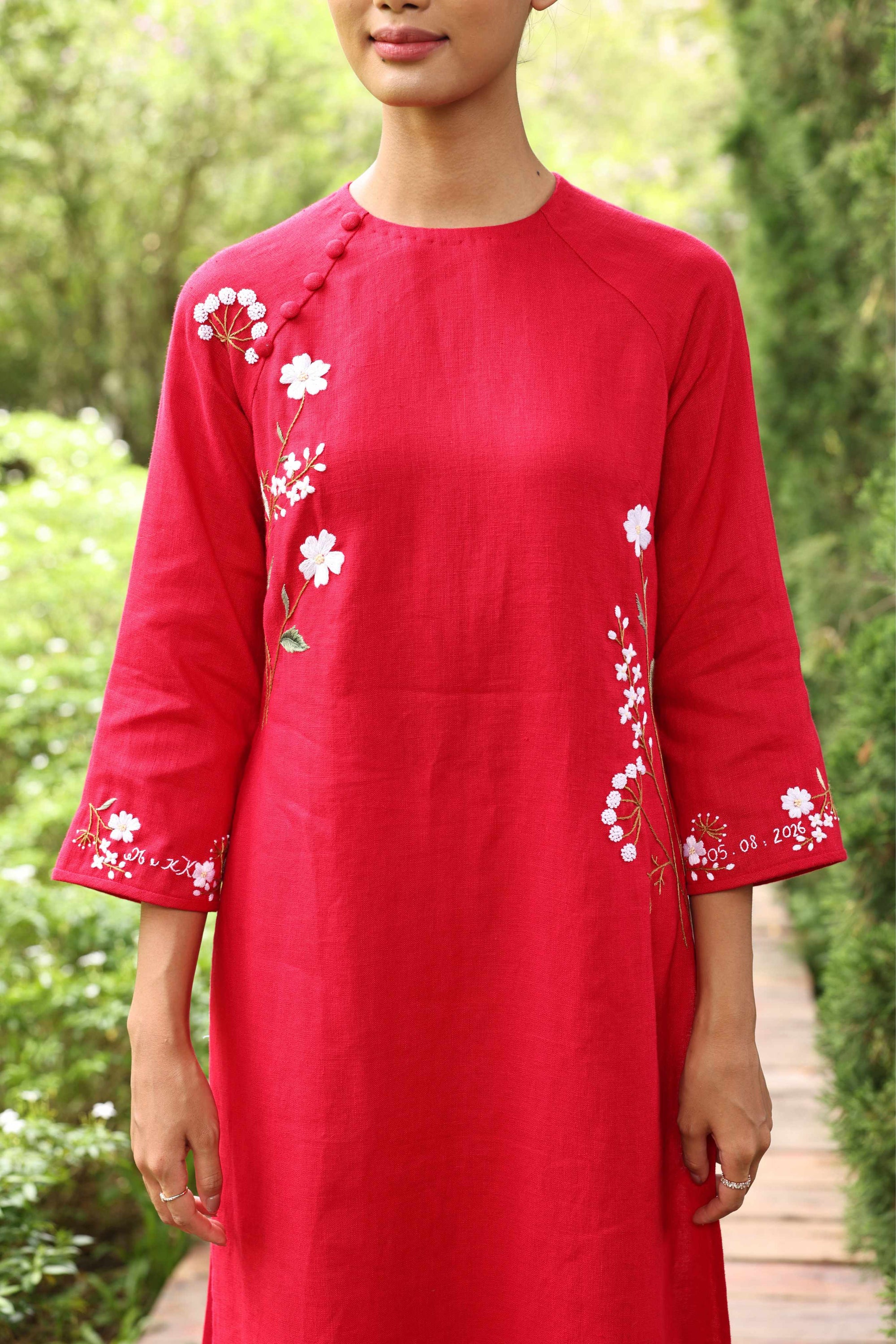 Floral hand-embroidered linen ao dai