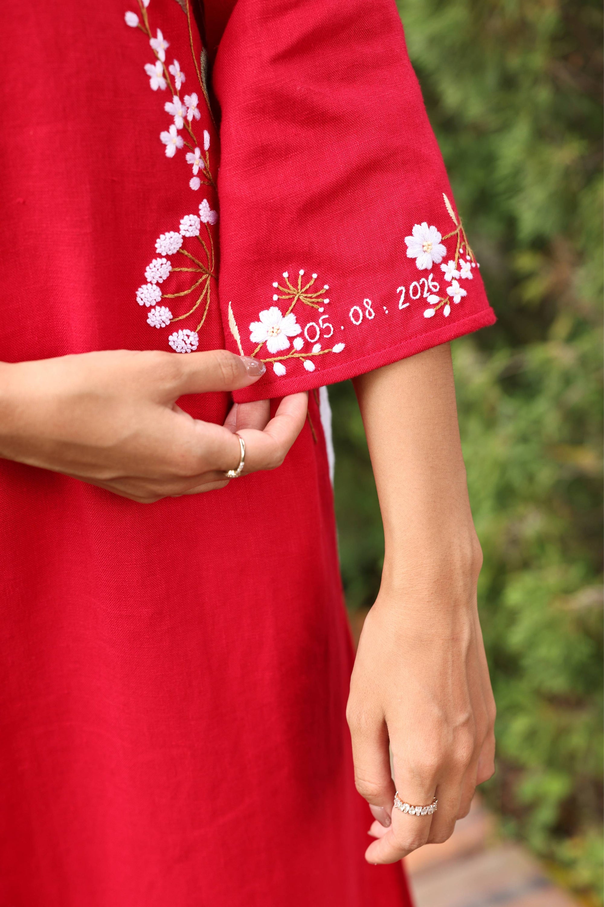 Floral hand-embroidered linen ao dai