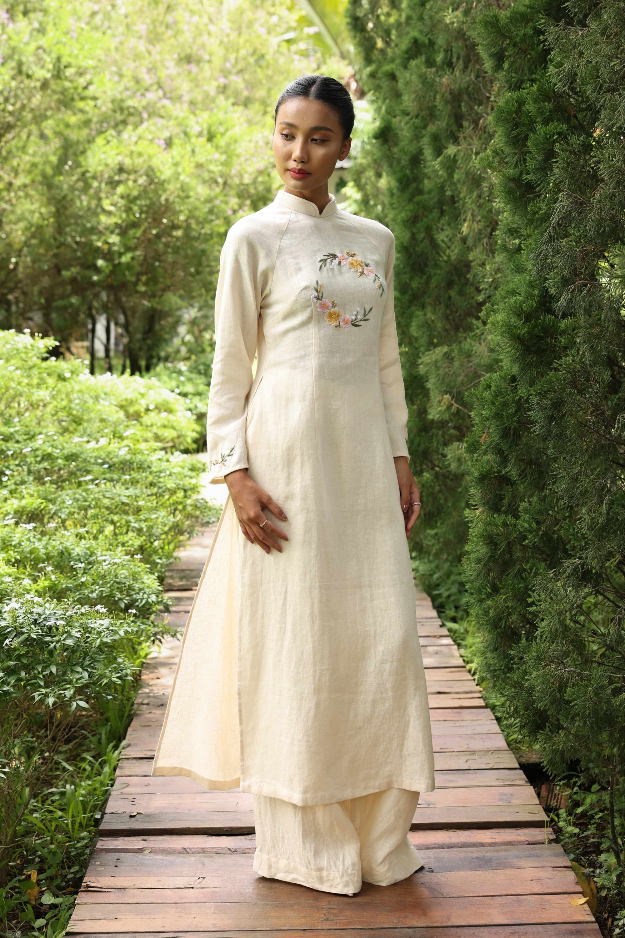 Formal Vietnamese linen dress