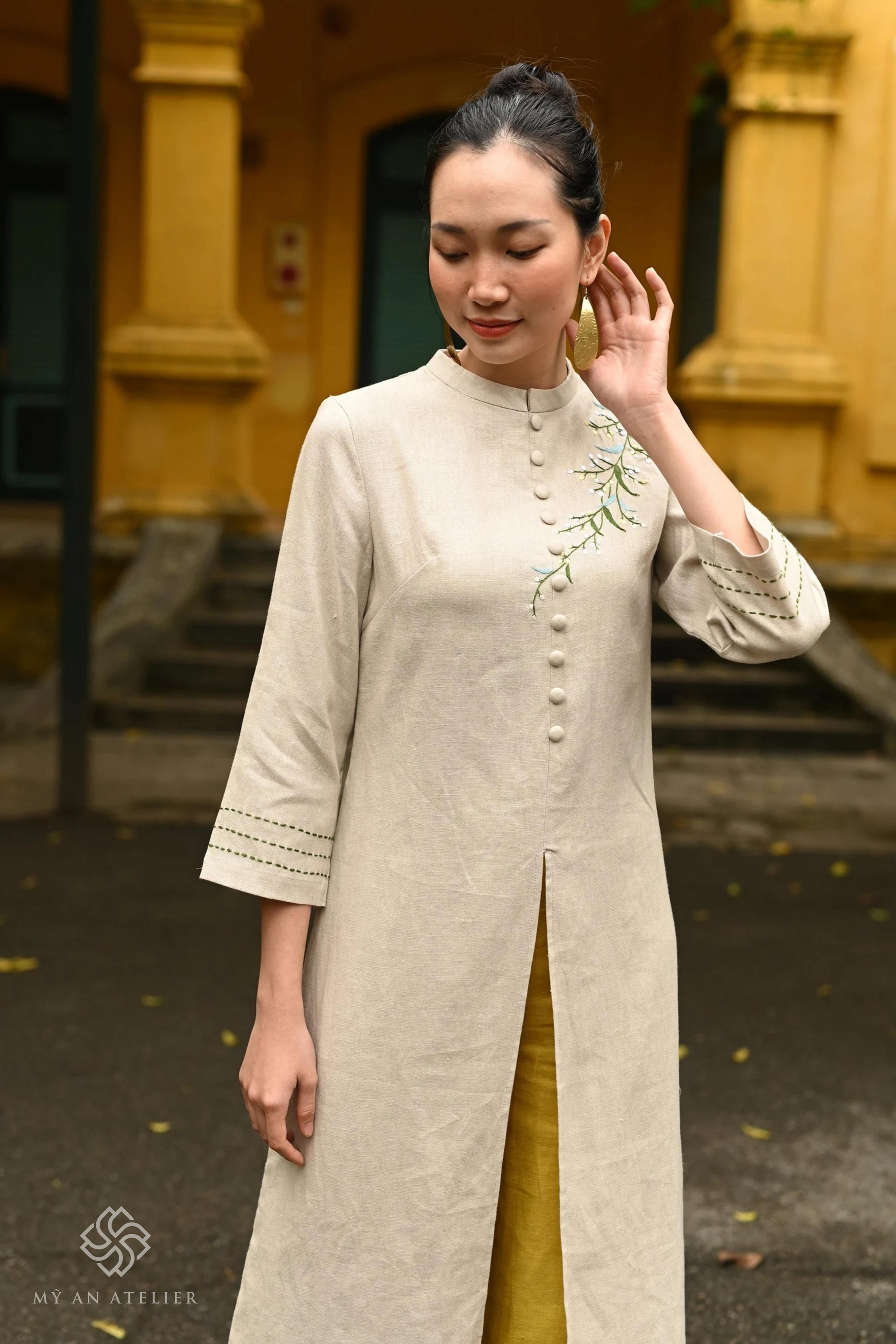 Hand-embroidered linen ao dai tunic