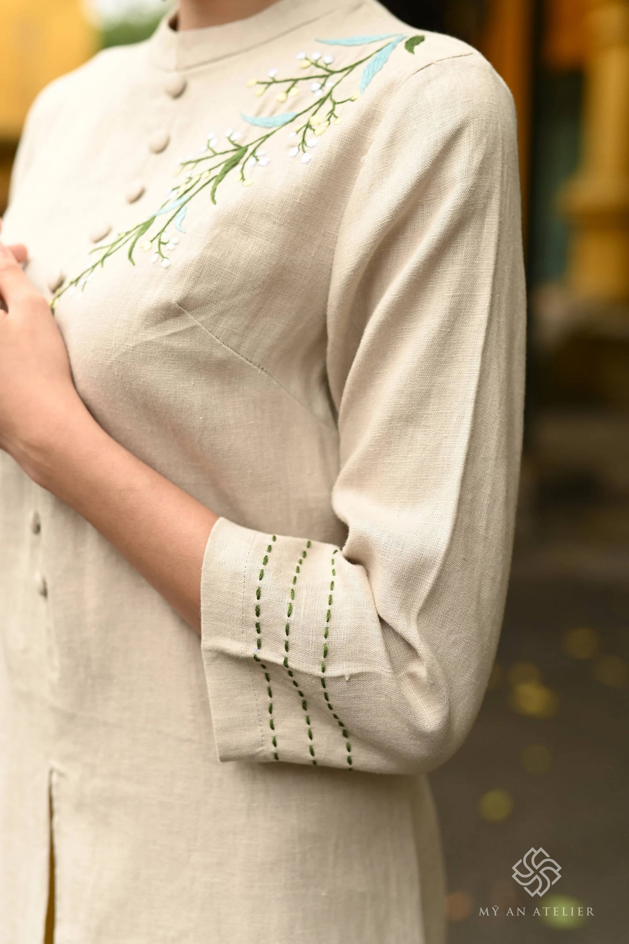 Hand-embroidered linen ao dai tunic