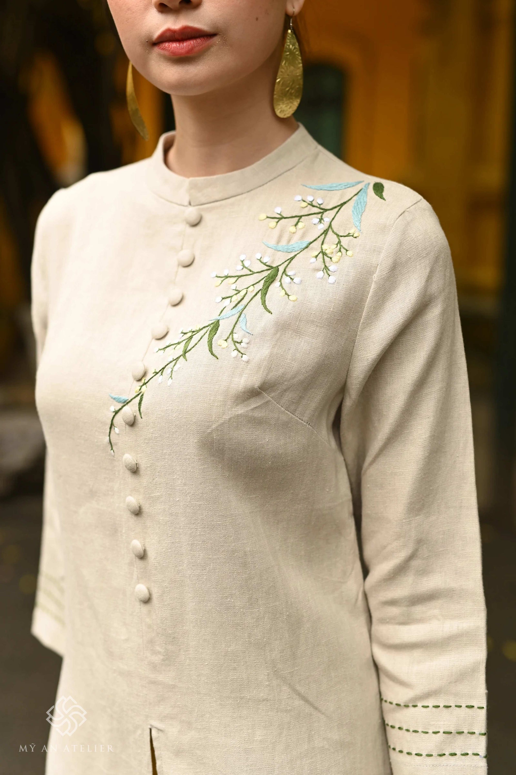 Hand-embroidered linen ao dai tunic