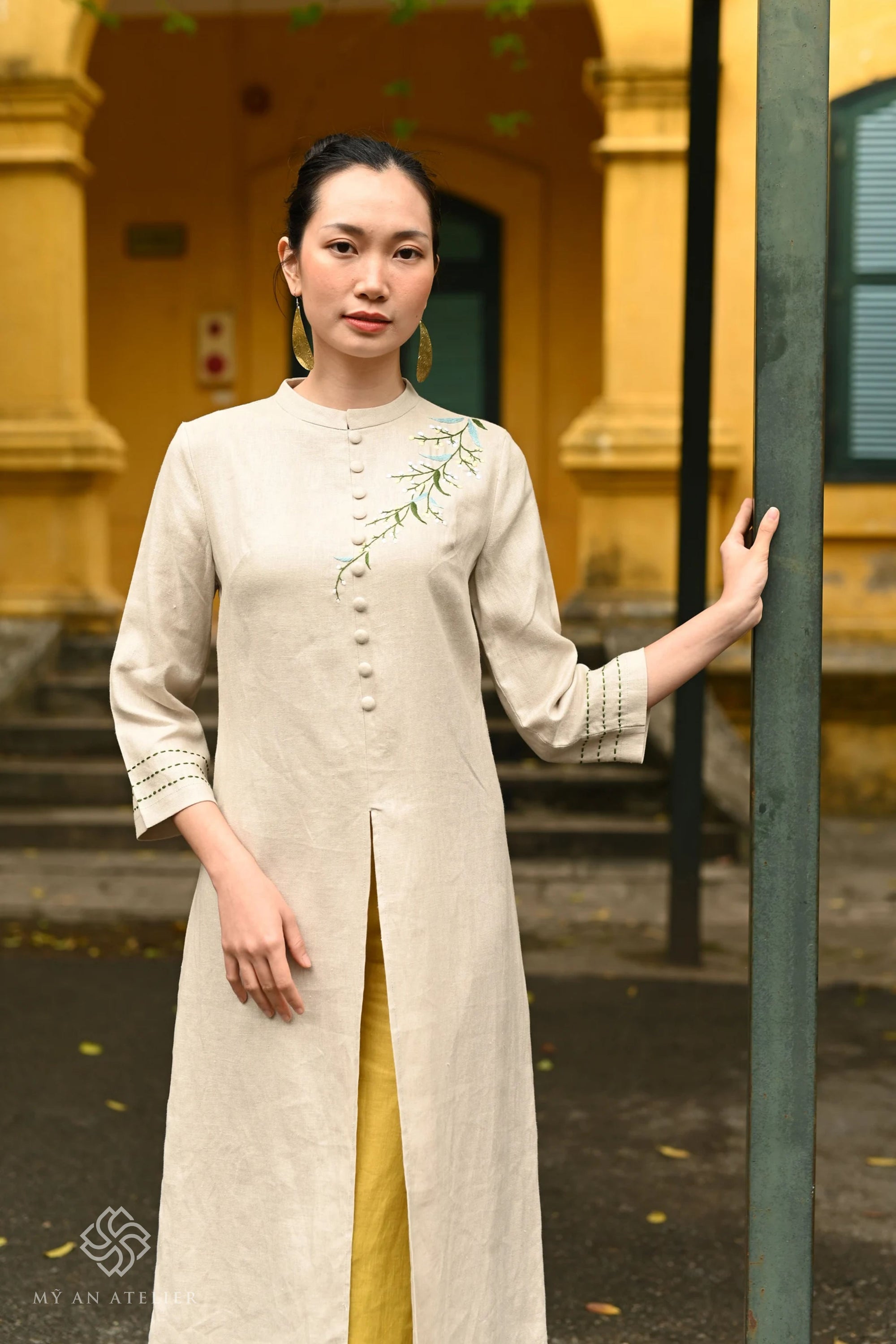 Hand-embroidered linen ao dai tunic