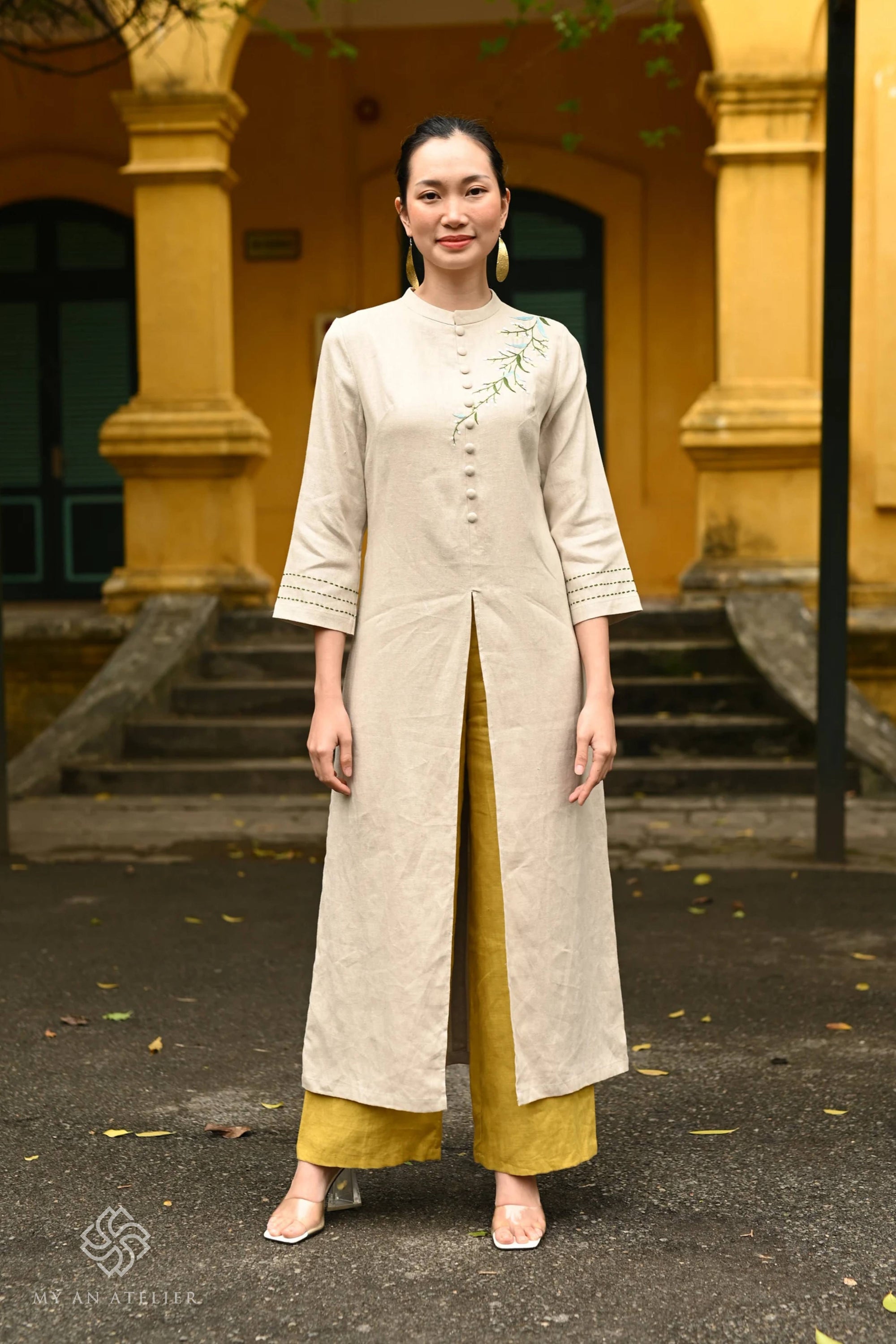 Hand-embroidered linen ao dai tunic