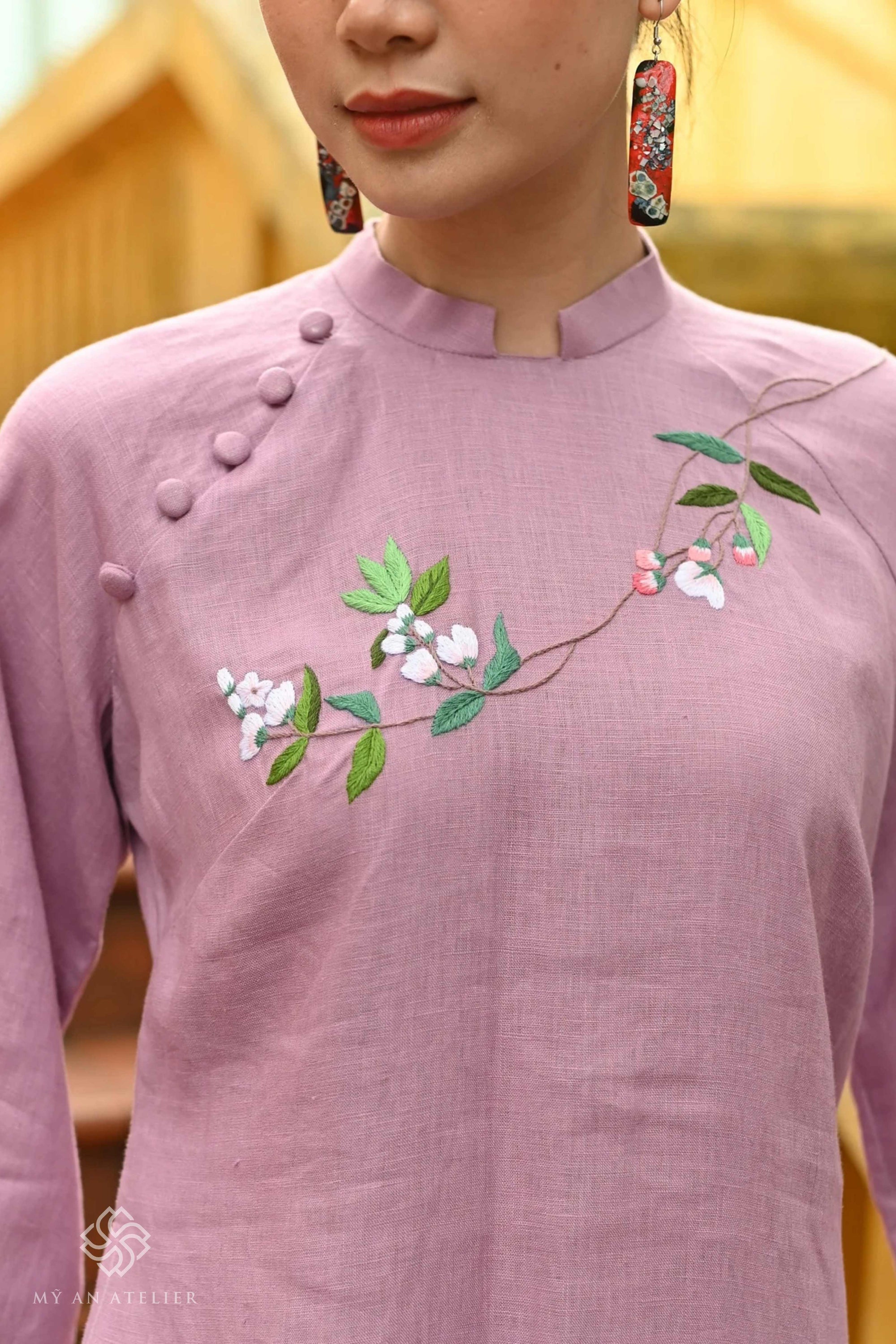 Hand-embroidered linen ao dai Vietnam