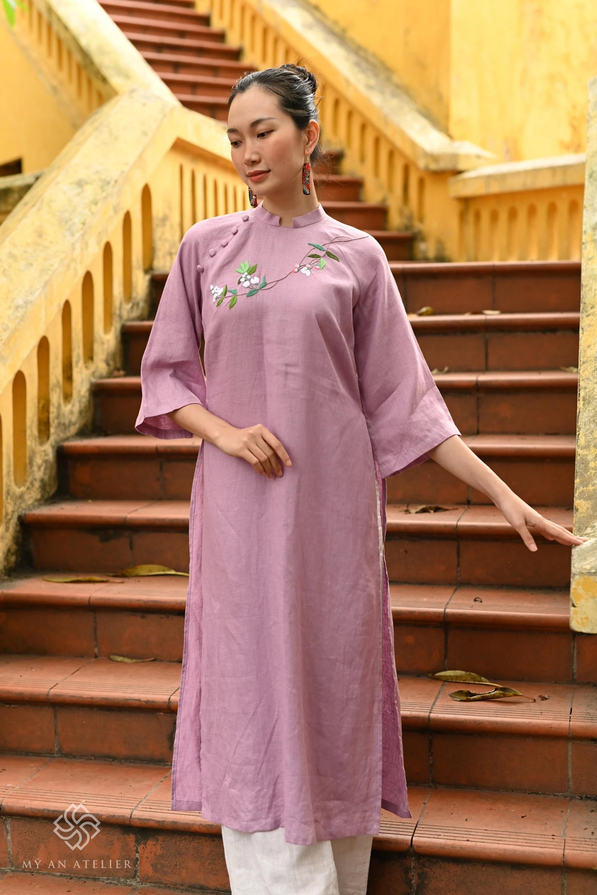 Hand-embroidered linen ao dai Vietnam