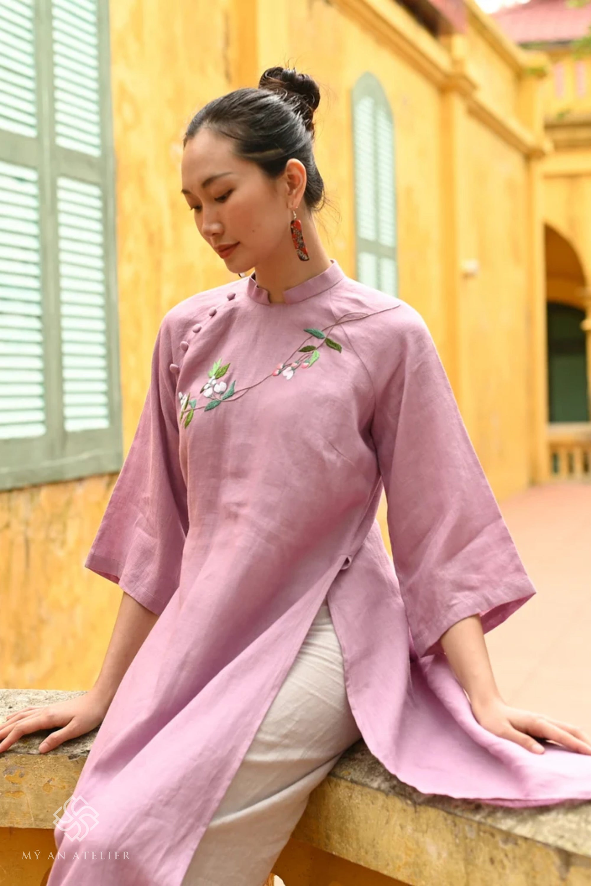 Hand-embroidered linen ao dai Vietnam