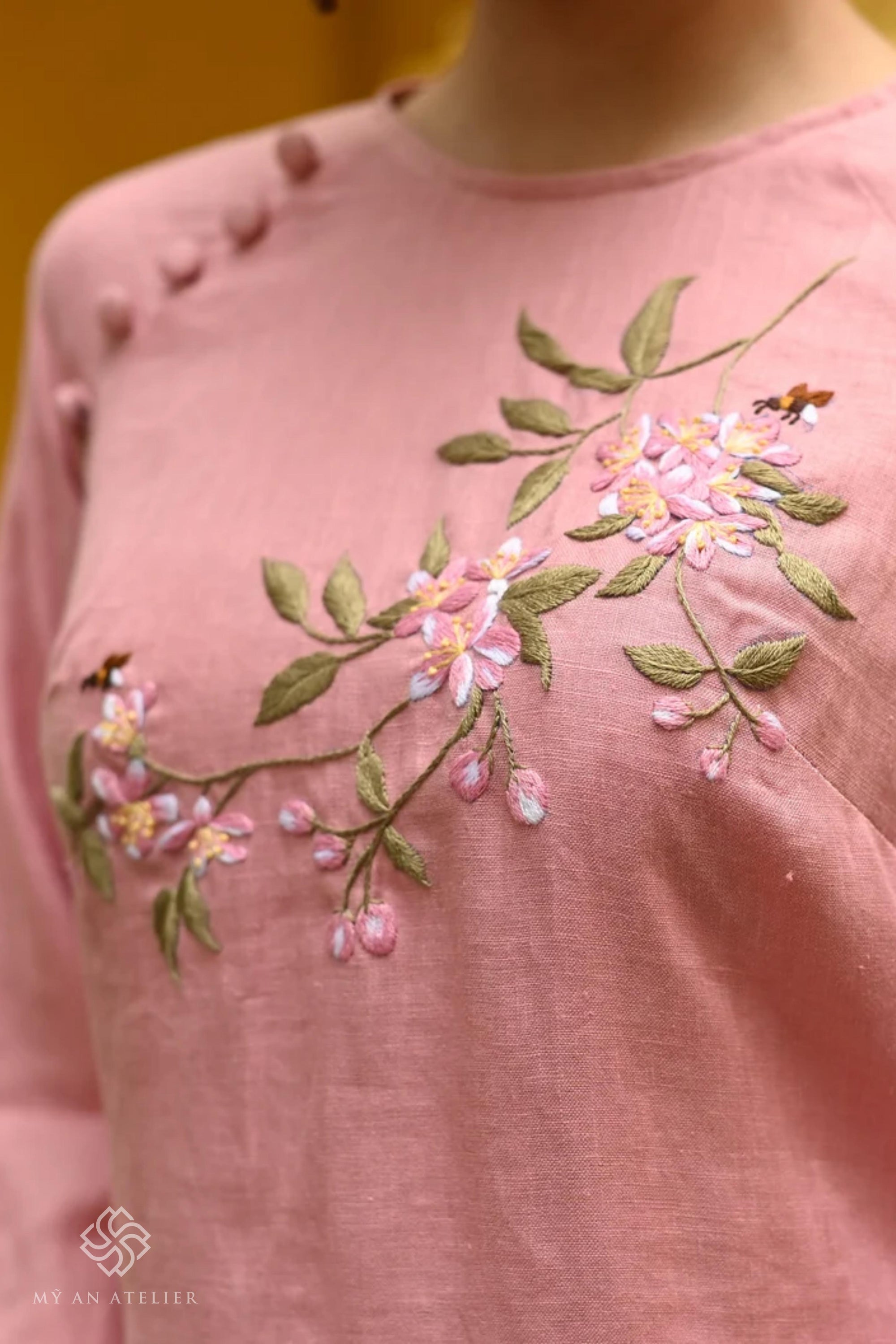 Hand-embroidered linen pink ao dai